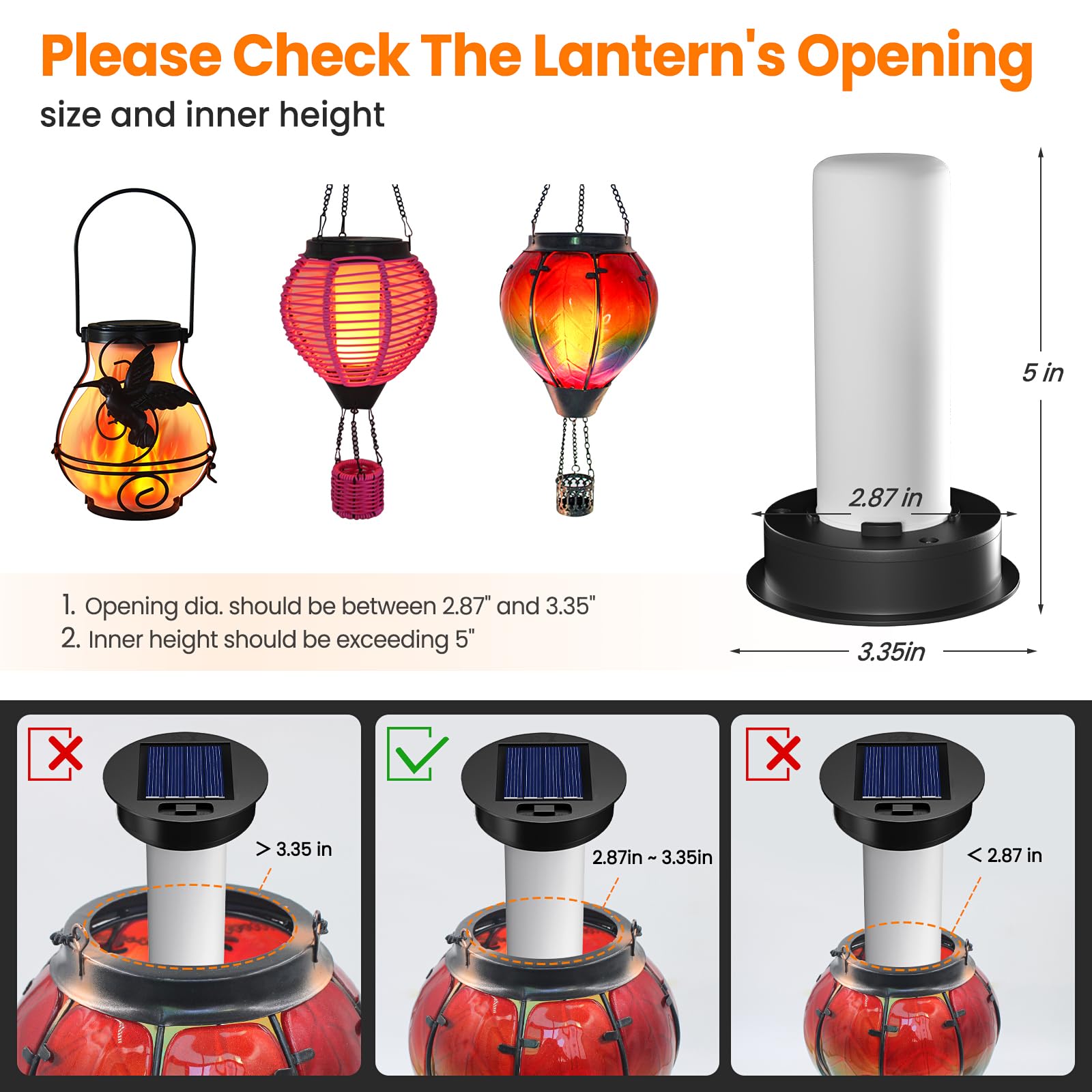 Suggant 2 Pack Solar Light Replacement Tops, Waterproof LED for Hot Air Balloon Lanterns, Fits 2.87-3.35 Inch Openings, Black