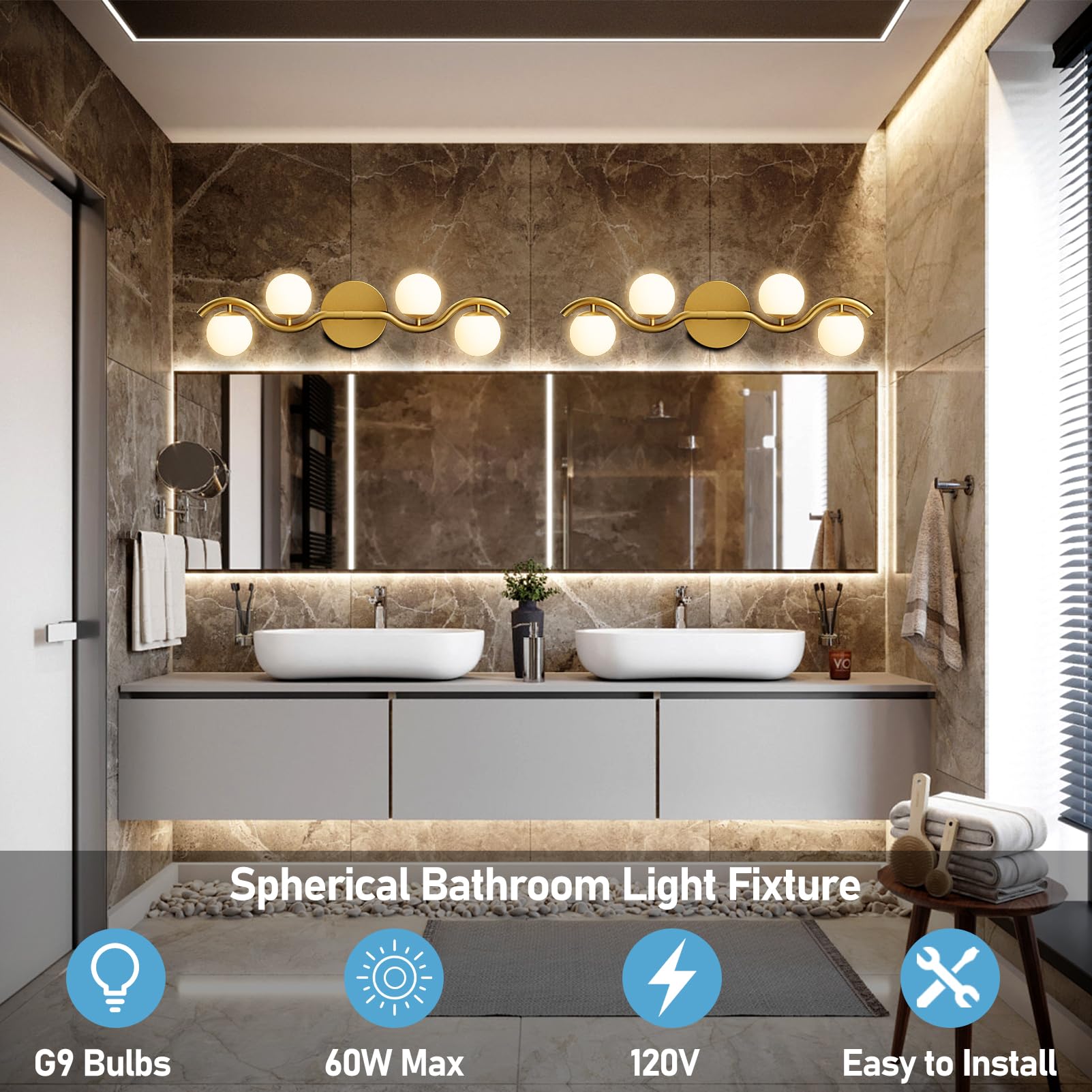 Lightdot 27in Gold Bathroom Vanity Light | 4-Light S-Frame Design | Shatterproof Shades | G9 Socket & Bulbs Included
