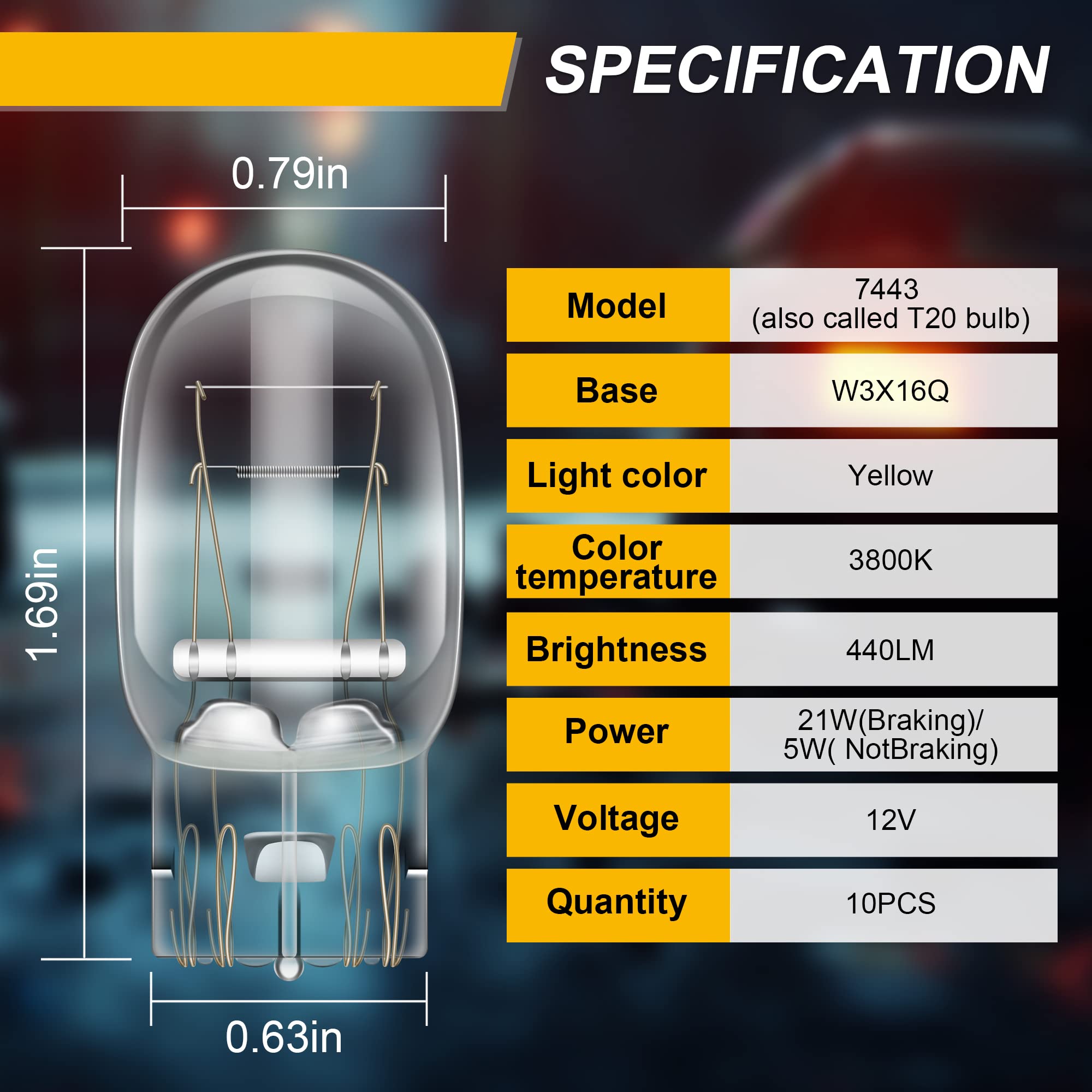 Meonum 7443 Brake Light Bulb - T20 1891, Yellow, 0.79in x 1.69in, 10 Pcs for Cars, Trucks, DR