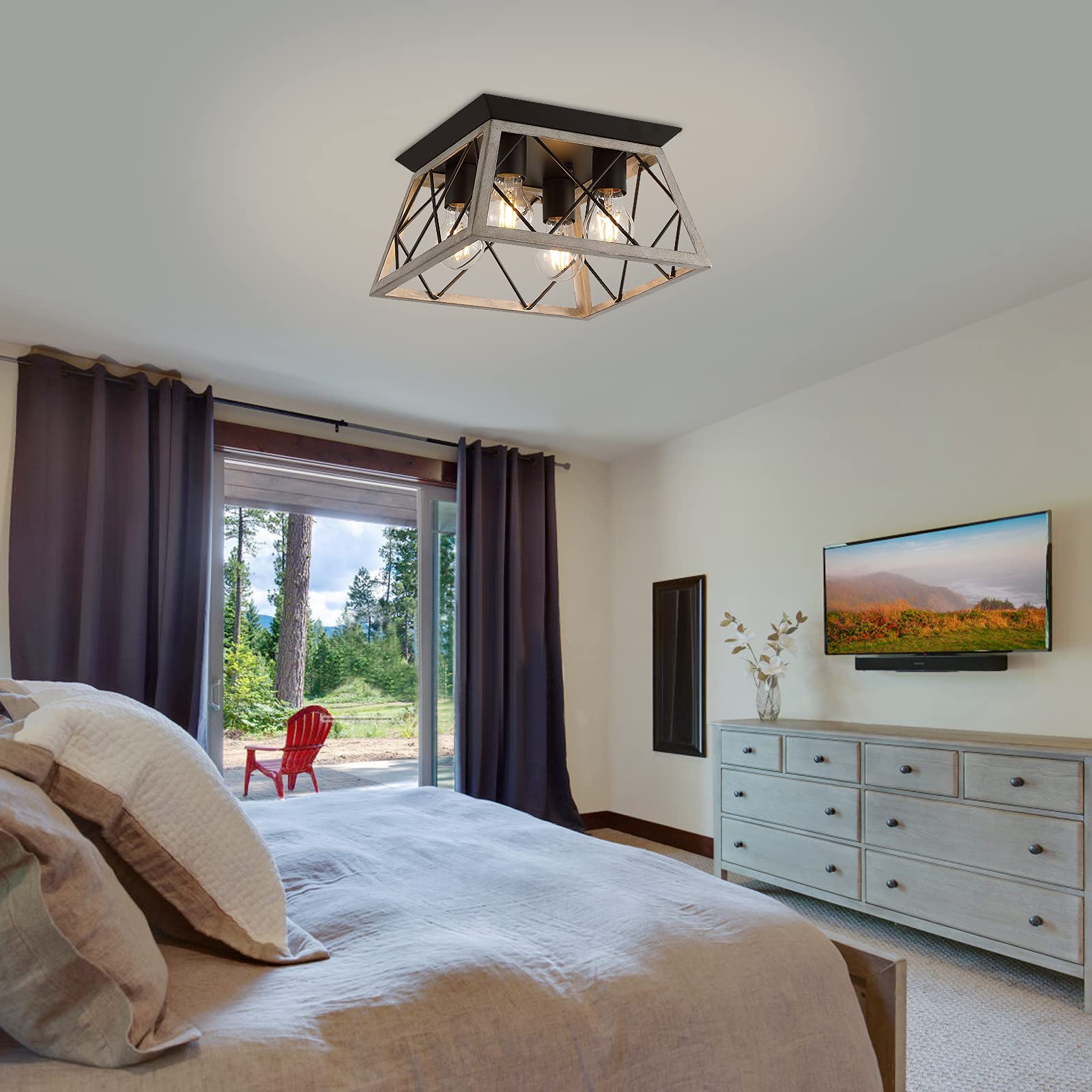 Q&S 4-Light Oak Farmhouse Ceiling Light - Vintage Rustic Semi Flush Mount For Home & Dining Room