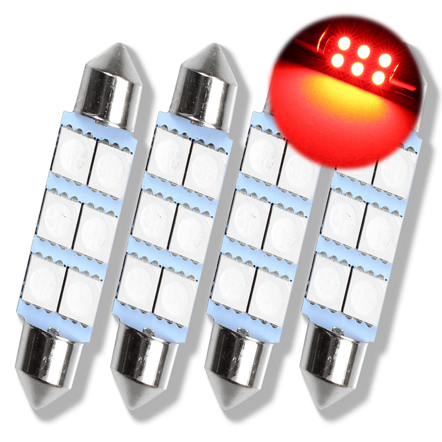 SAWE Festoon LED Bulbs 1.72in 6-SMD 5050 for Dome Map Light, Pack of 4, Red