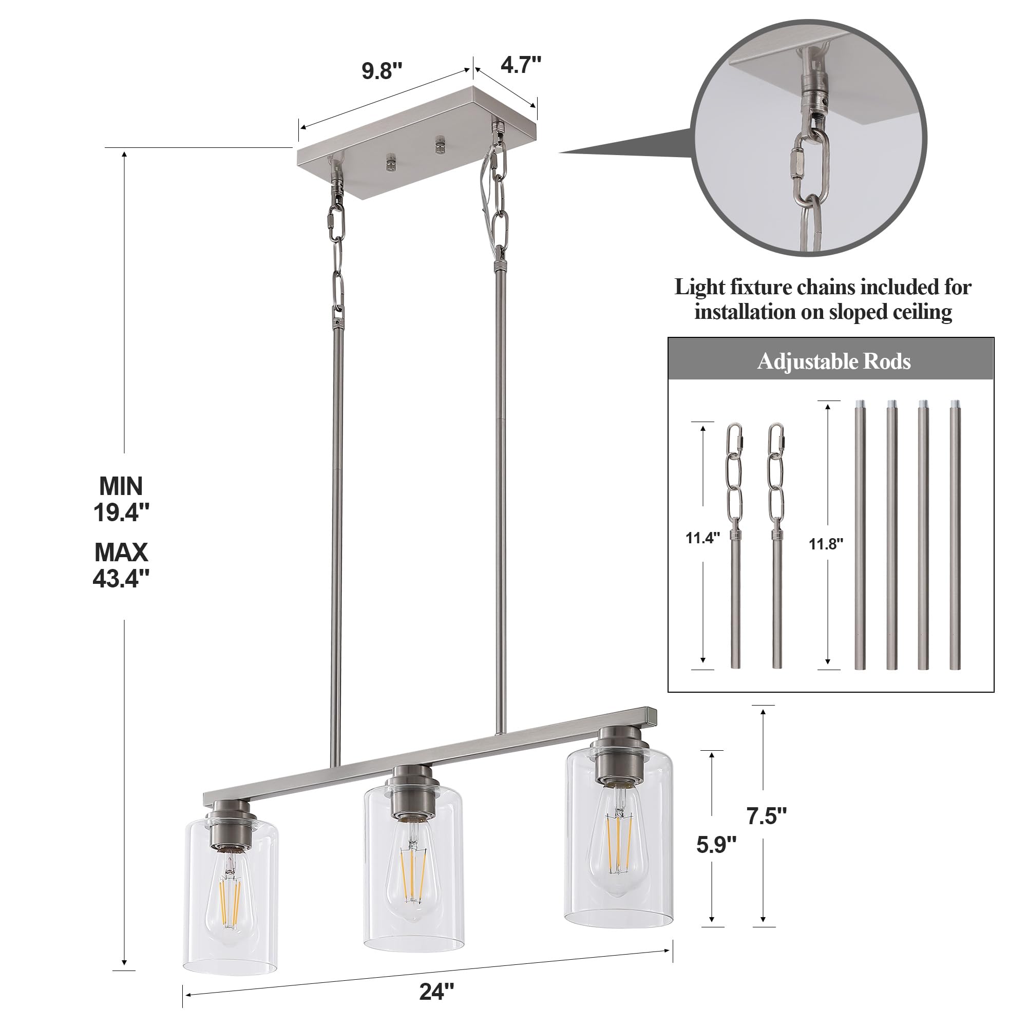 Mecgirn Island Light For Kitchen  Brushed Nickel Dining Room Light Fixture Over Table  3-Light Linear Chandelier Pendant Lighting For Dining Table Kitchen Island Living Room