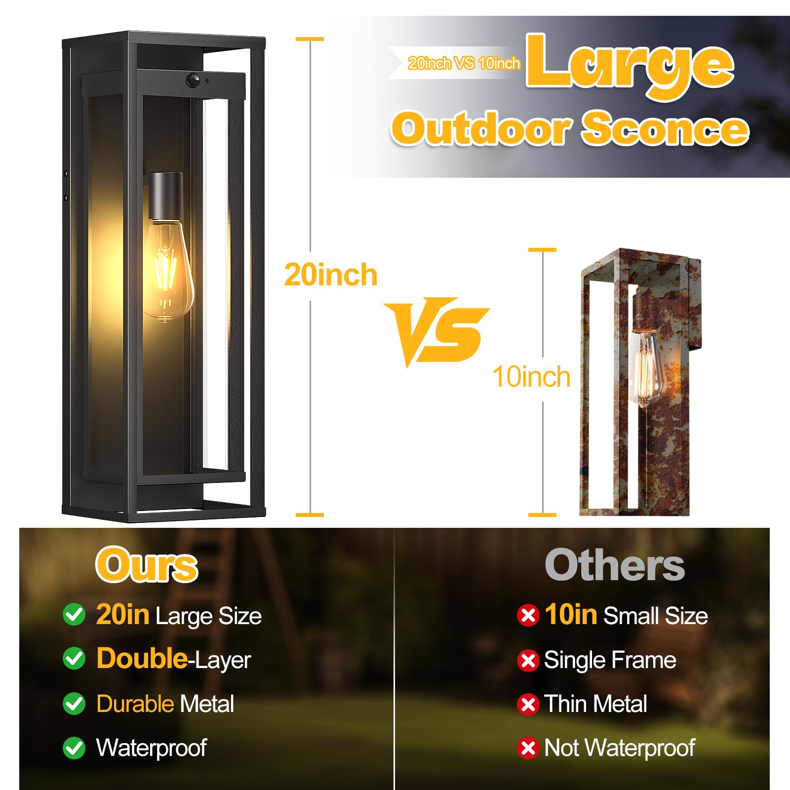 Siafavoi 20In Outdoor Wall Light Motion Sensor-Black Modern Sconce Waterproof Exterior Lighting Fixture E26 Socket Porch Lights Extra Large Lantern For Entryway Patio House Garage 2Pack