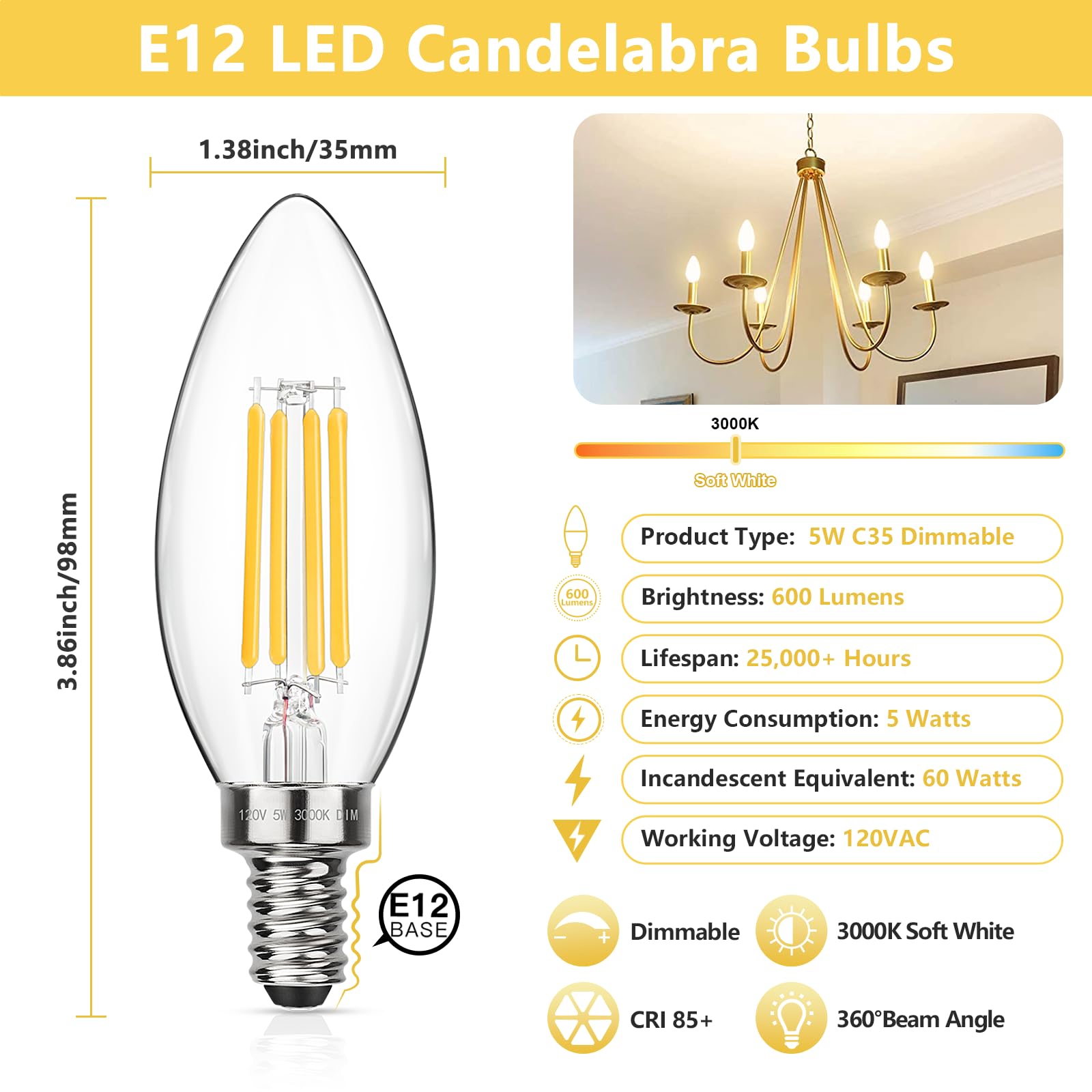 Maxvolador Dimmable E12 Led Candelabra Bulbs 60W Equivalent, Soft White 3000K, 600Lm Chandelier Light Bulb, B11 Led Candle Light