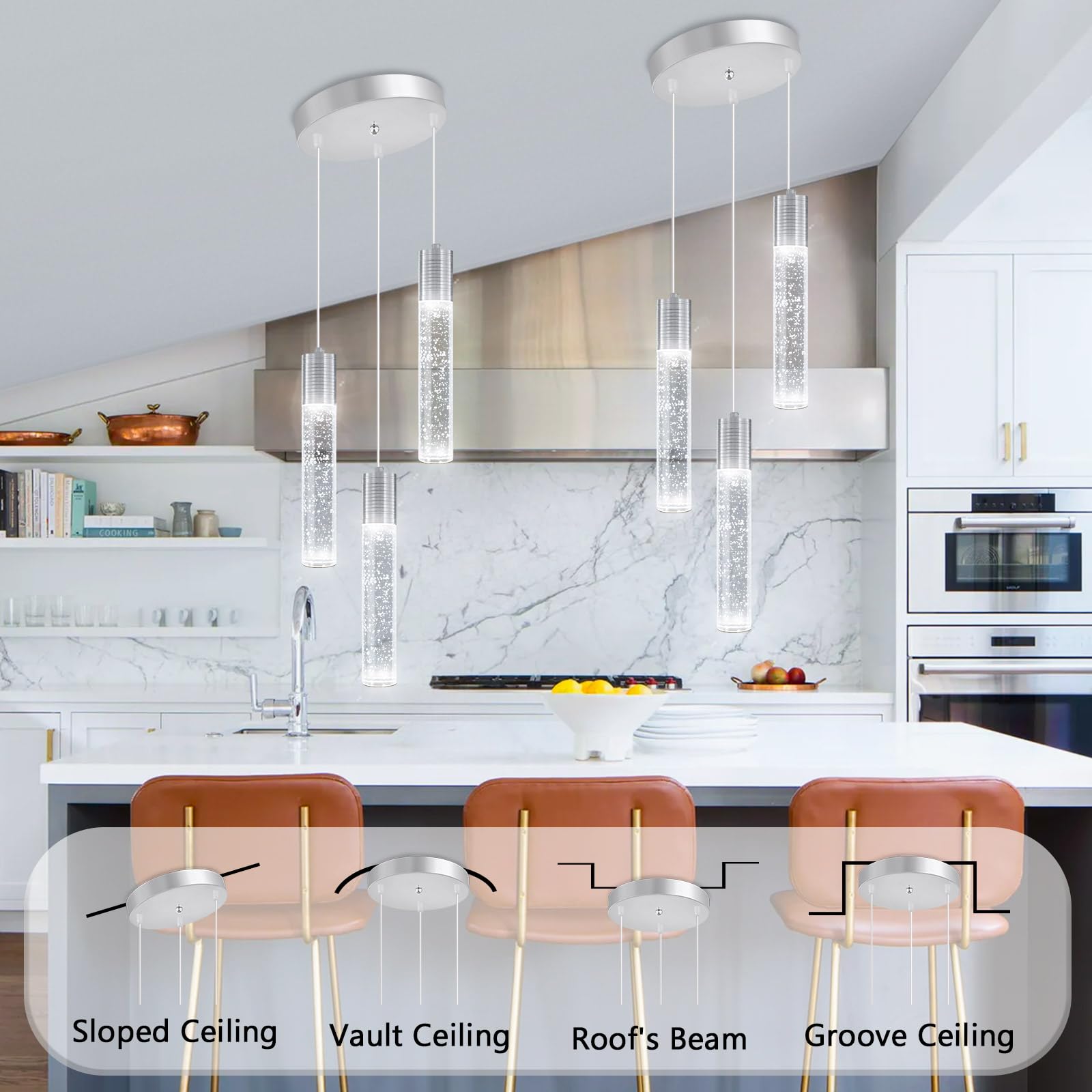 Dolria 3-Lights Pendants Light For Kitchen Island Chandeliers Dining Room Pendant Lighting Fixture Bubble Crystal Ceiling Hanging Lights Bedroom Island Kitchen 6000K White Light Fixtures Chrome
