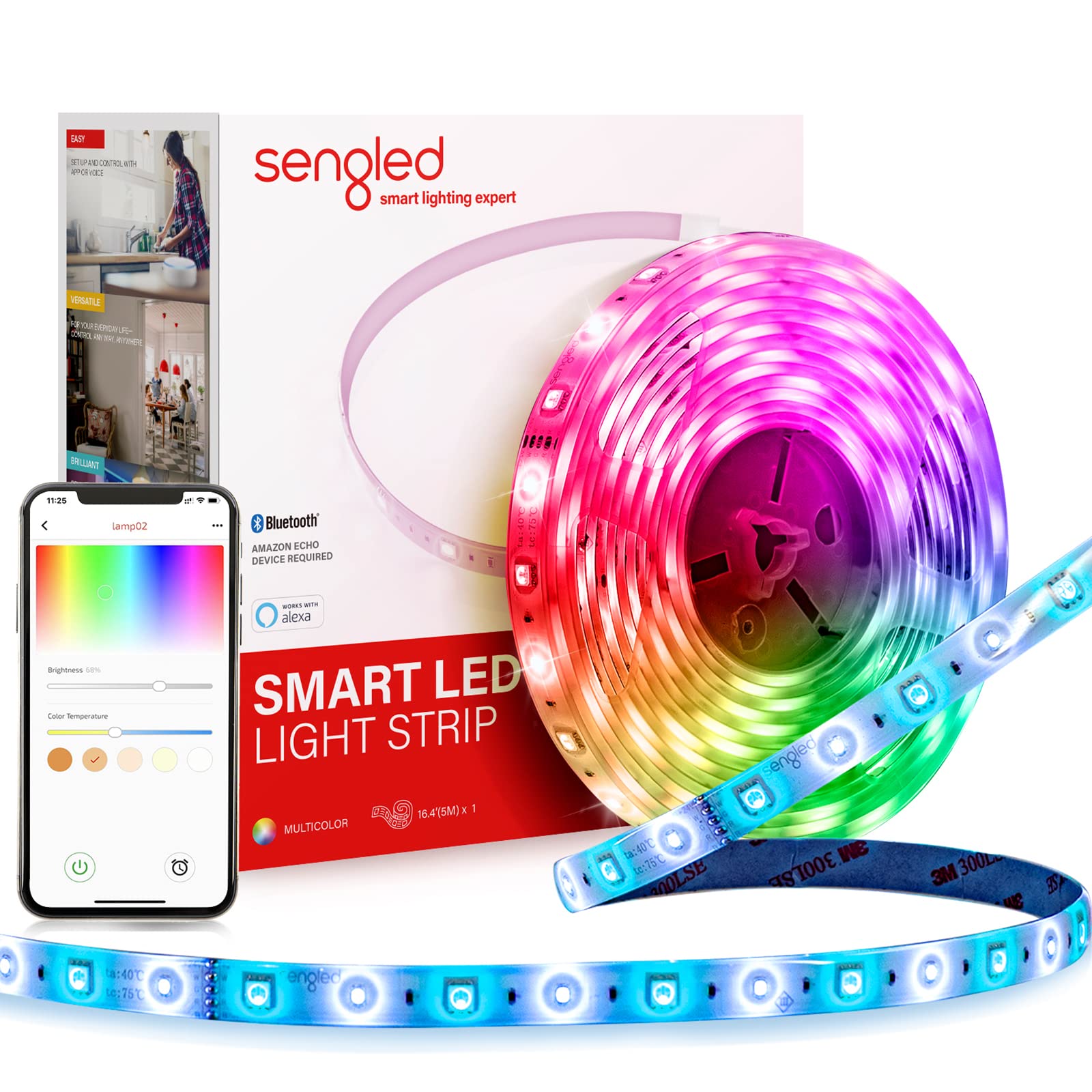 Sengled Smart Bluetooth Mesh LED Multicolor Light Strip, 5M (16.4ft), Works with Amazon Echo and Alexa, High Brightness with 16 