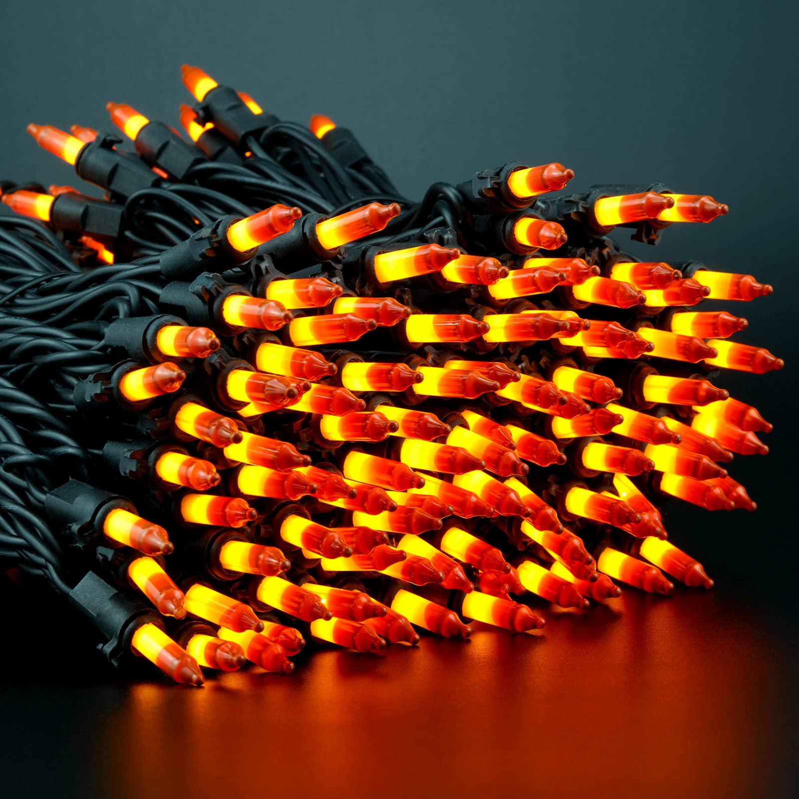 Yuletime Candy Corn String Lights With Black Wire, 66 Feet 200 Count Ul Certified Christmas Light, Pack Of 2 Sets 33 Ft 100 Mini