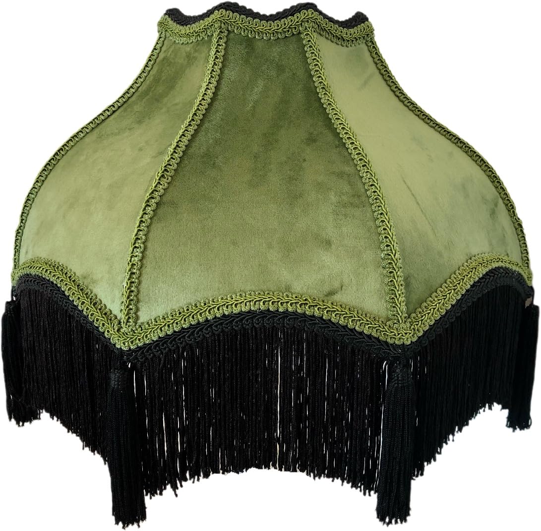 Tristan Home Premium Classic Victorian Style Bell Shape Scallop Large Velvet Lamp Shade with Tassels and Fringe (Olive Green)
