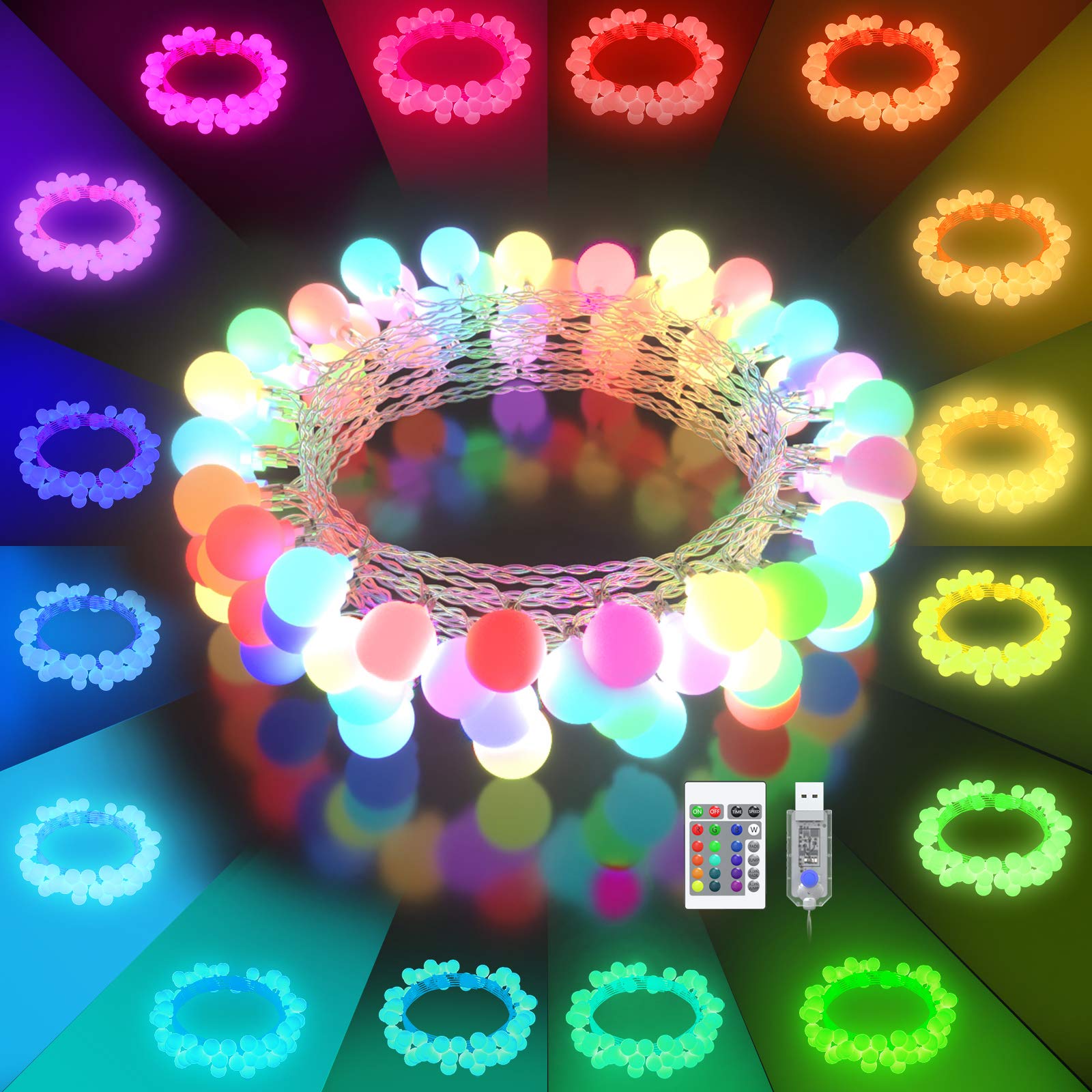 LED String Lights USB Plug in 19 Color Changing String Lights with Remote 21.3FT 50 LED Multicolor Globe Fairy Lights for Bedroo