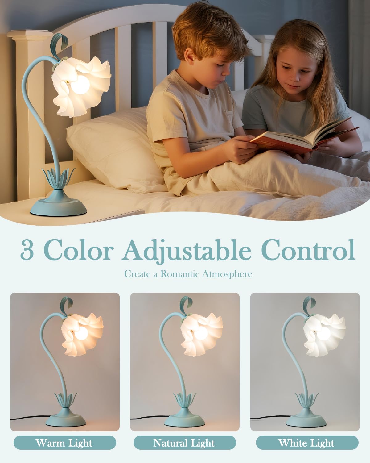 Werfop Flower Desk Lamp  Cute Vintage Reading Table Lamp For Bedroom  Small Bedside Nightstands Light With 3 Color Modes  Kawaii Decor For Dorm Living Room Office (Powder Blue)