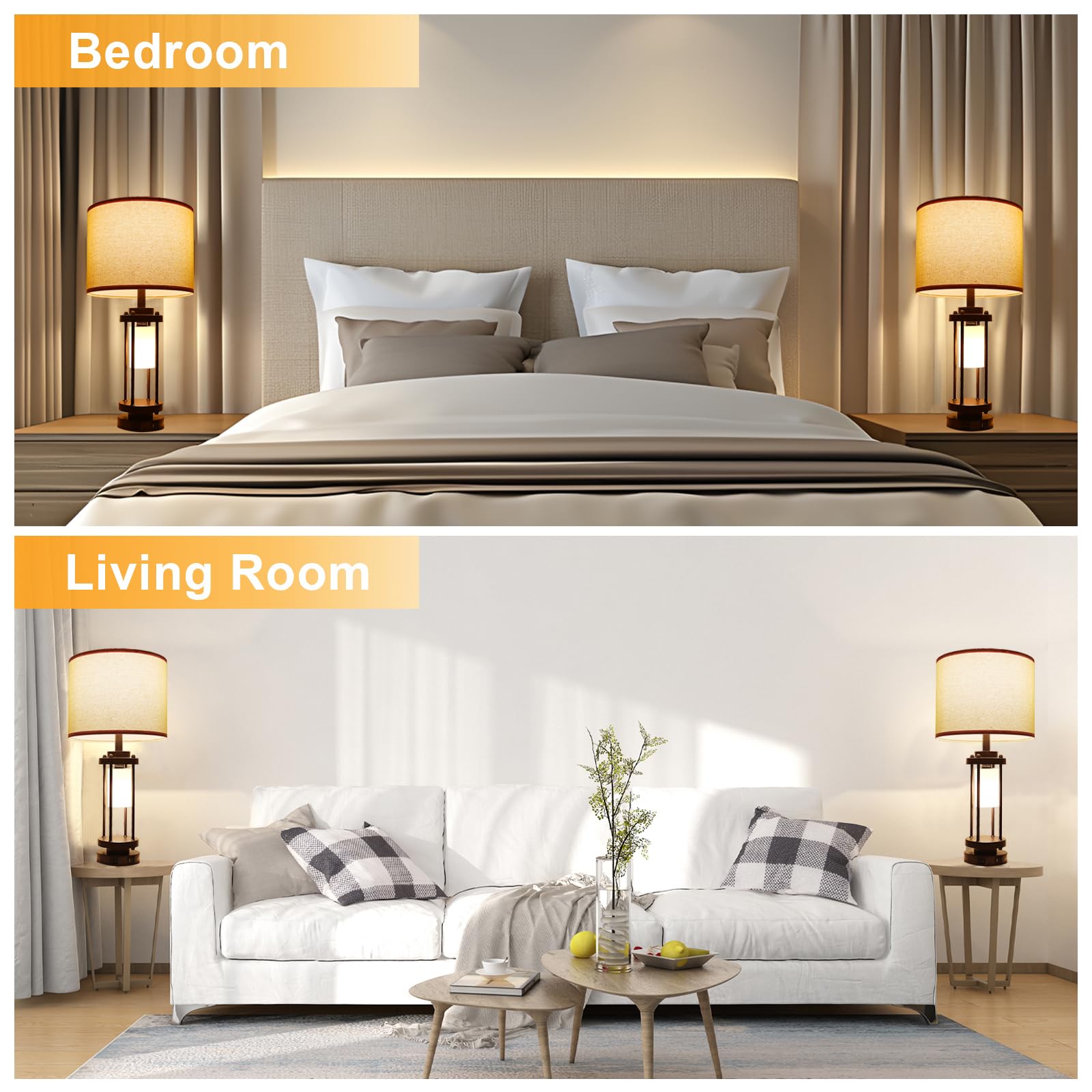 Table Lamps For Living Room, 27'' Tall Lamps Set Of 2 With Usb C+A Charge Ports, Retro Farmhouse Table Lamp For Night Stands, Ru