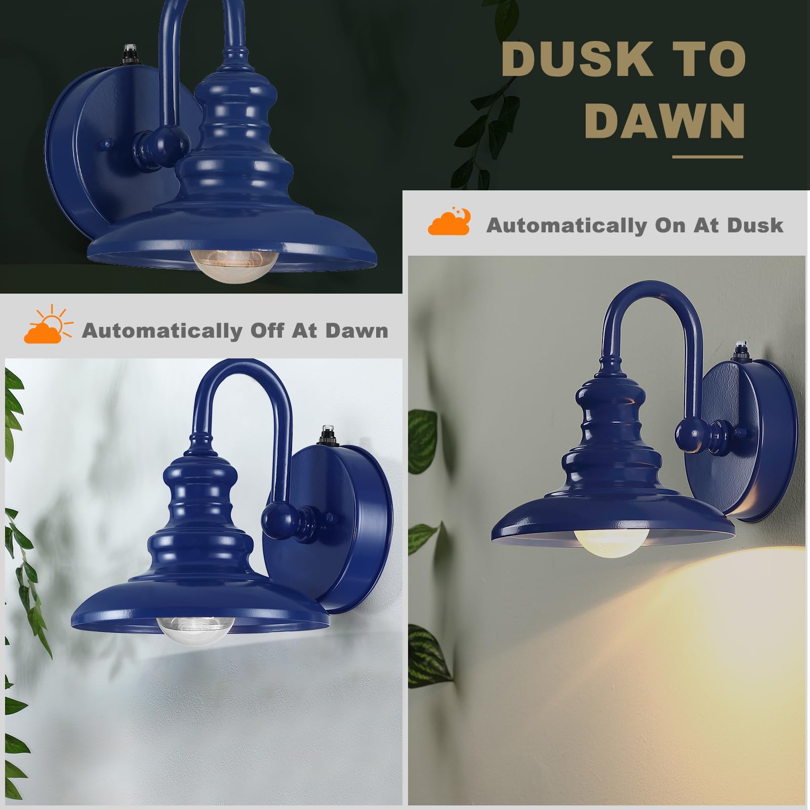 LONEDRUID Gooseneck Barn Light Outdoor Sconce Blue Metal Wall Mount Lantern