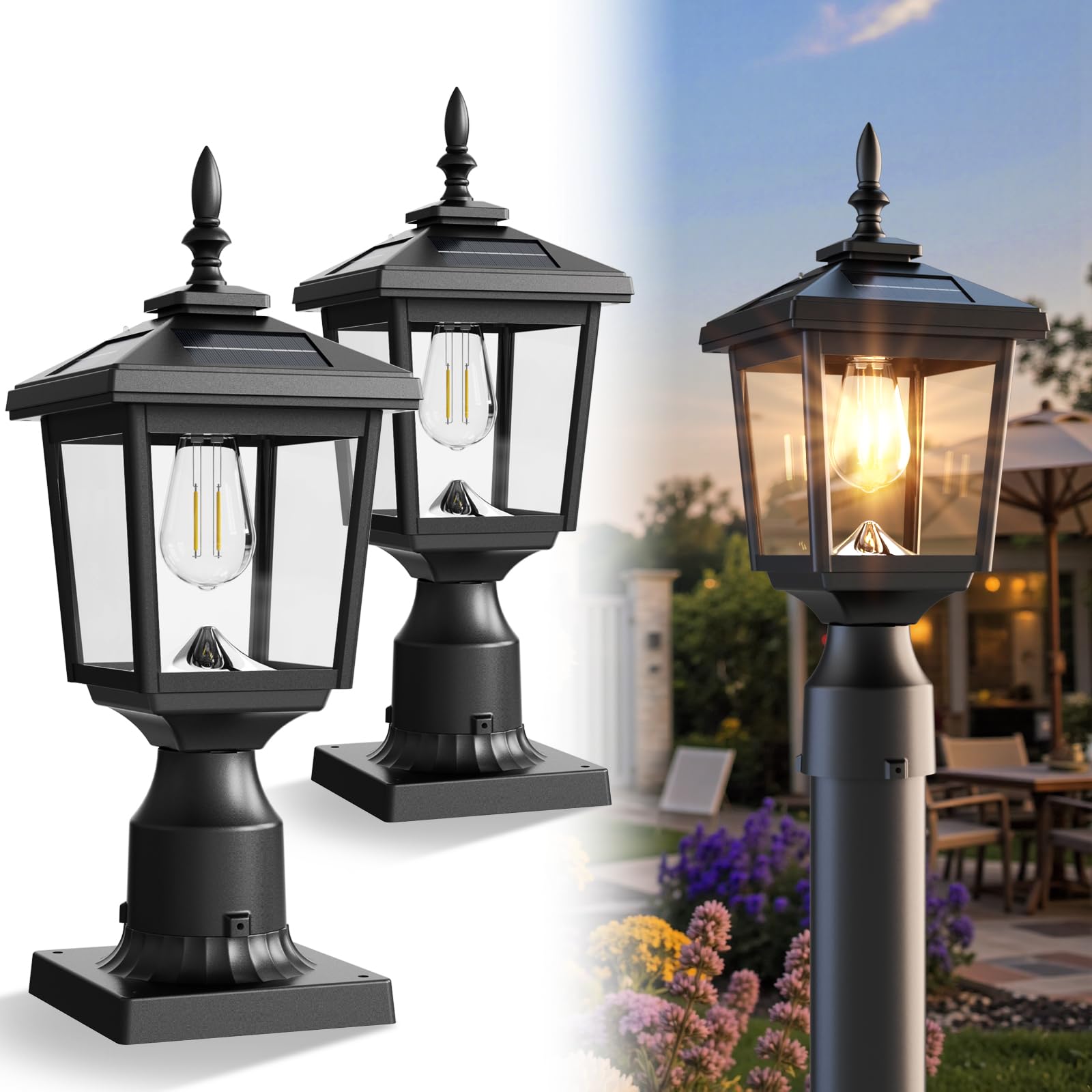 Greluna Solar Post Light with Pier Mount Base, 3000K Dusk to Dawn Lamp, Waterproof Outdoor Garden Yard Landscape Lighting, Decor