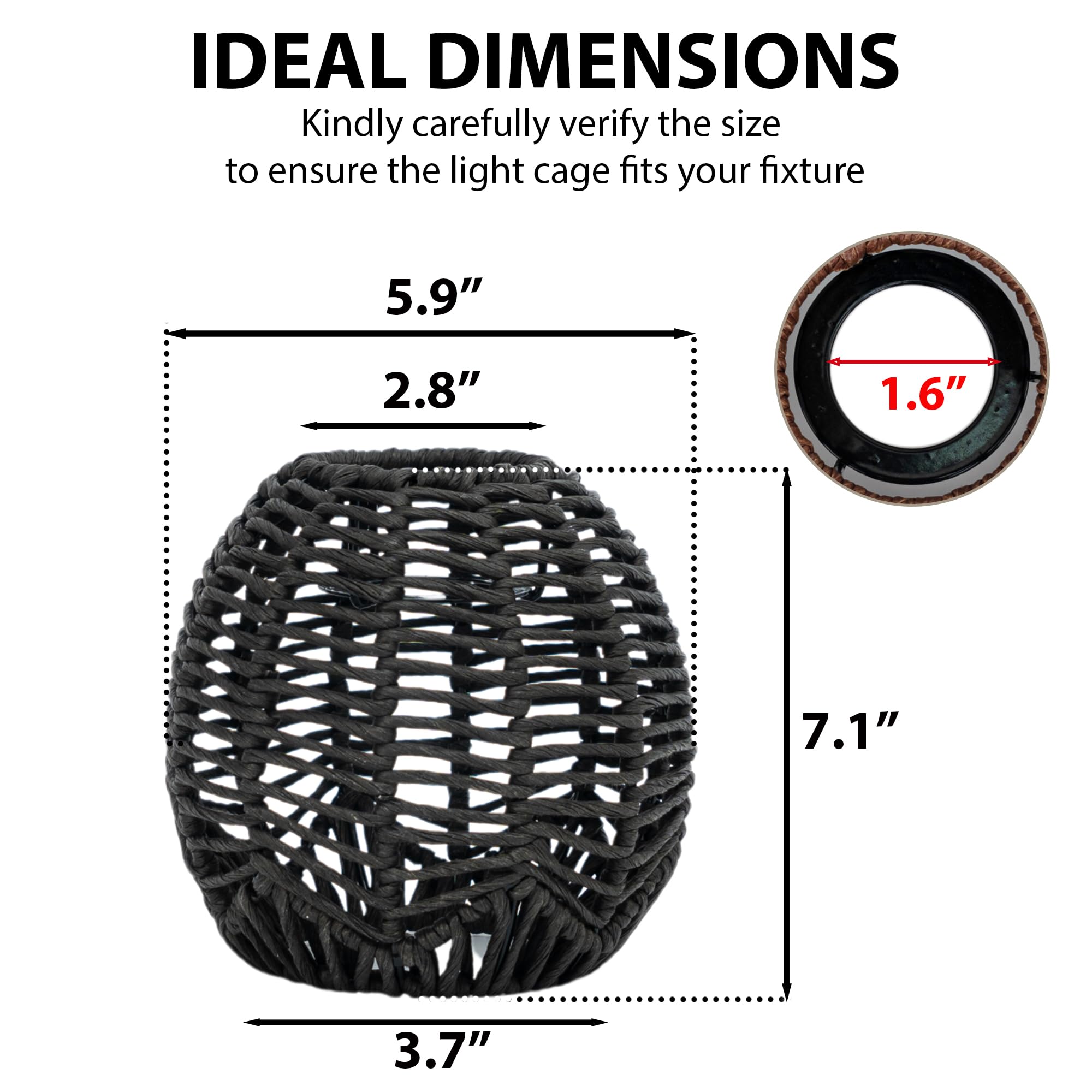 Onhomes Paper Rope Lamp Shade, Black, 5.9in x 5.5in, Model NVO703, Wicker Replacement for Table or Pendant Lighting