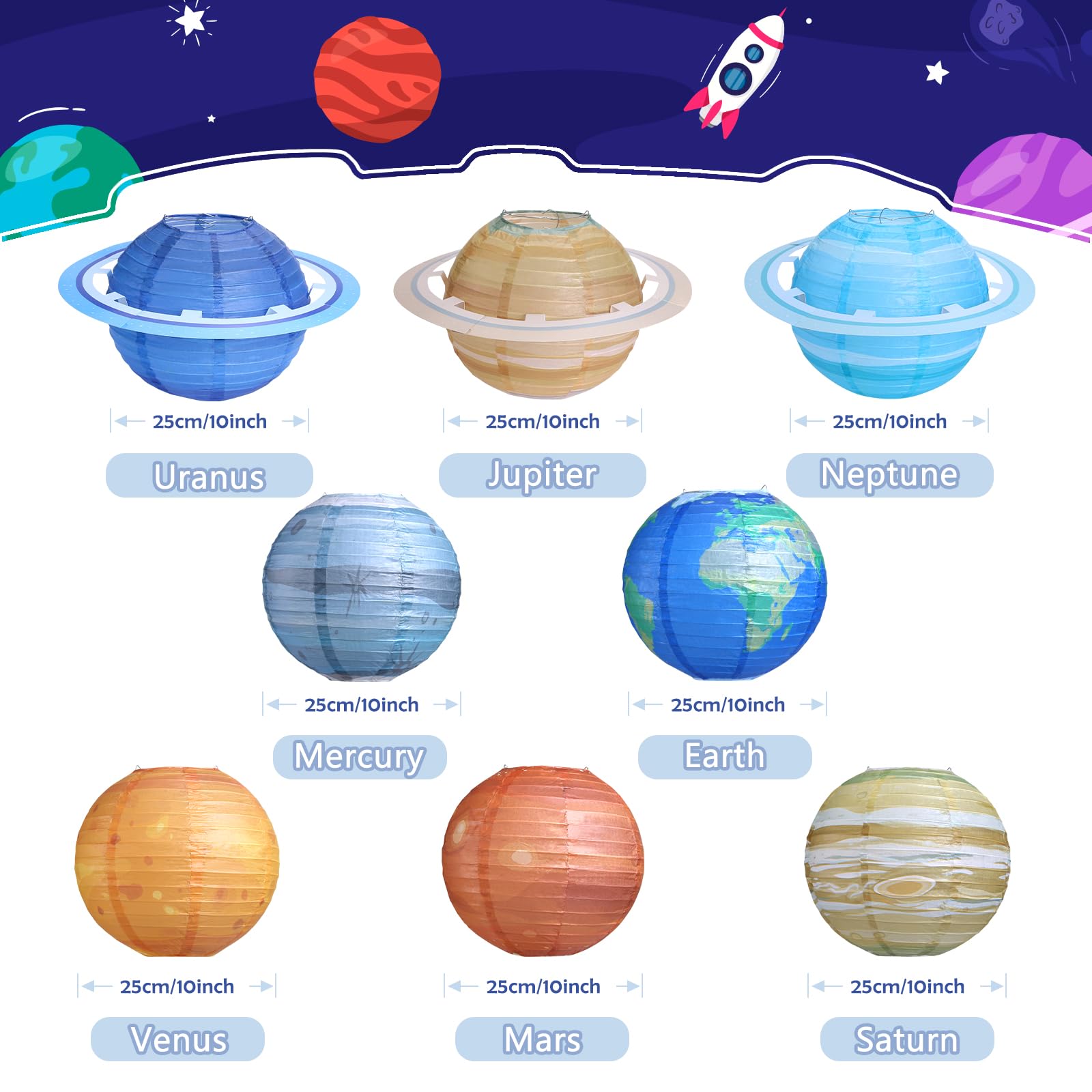 Fontien 8 Pcs Planet Paper Lanterns - 10&quot; Solar System Party Decorations For Kids & Home Decor