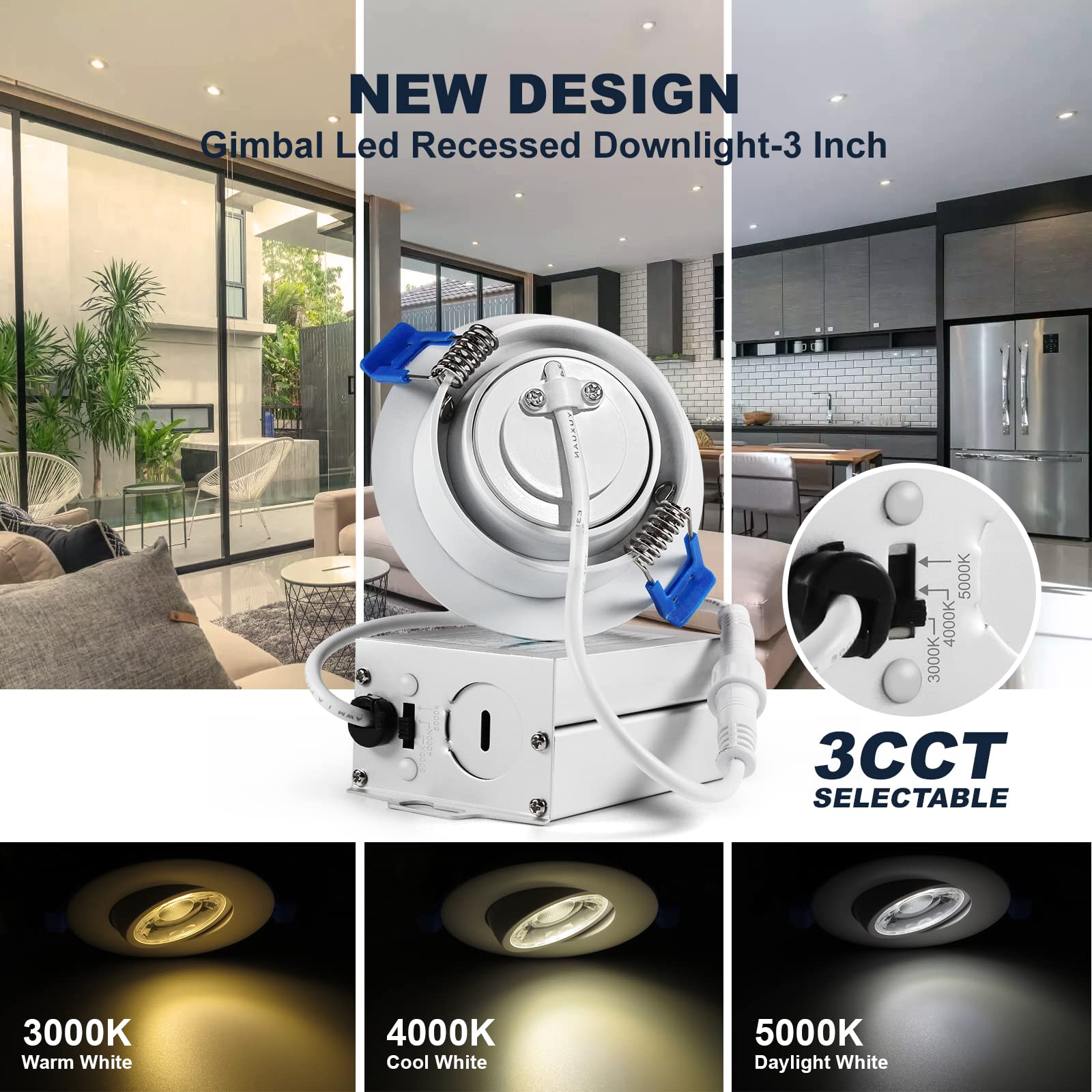 Sublimation 8 Packs 3 Inch Led Recessed Light,Waterproof Recessed Lights For Shower,Ultra-Thin 10W With Junction Box,3 Colors Adjustable,Suitable For Bathroom,Parlor,Bedroom,Kitchen,Balcony
