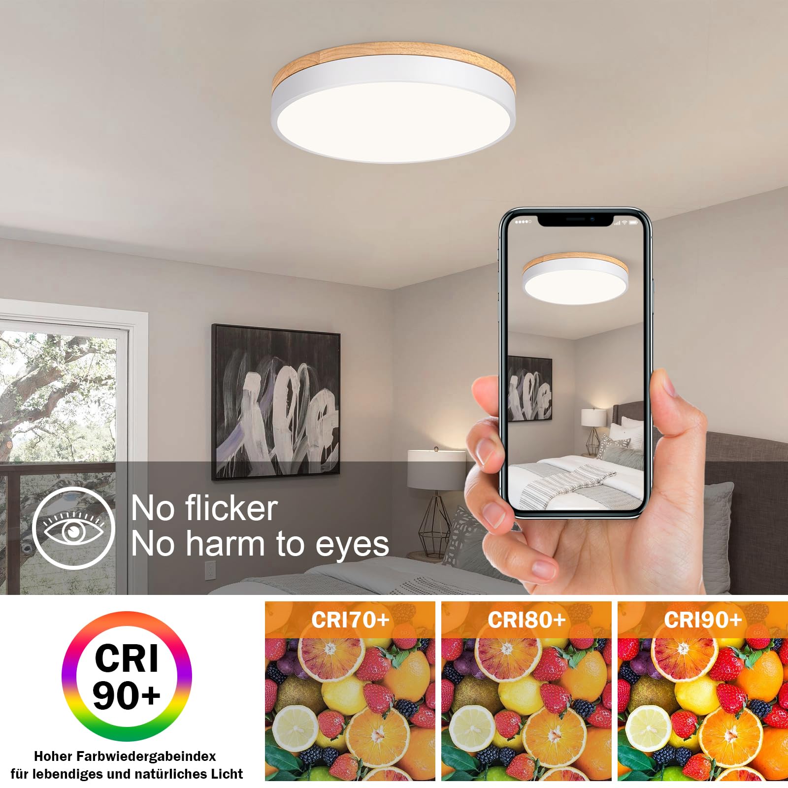 Vikaey Modern Wood Led Ceiling Light Fixture, Milimalist White Flush Mount Ceiling Lights, 4000K Round Ceiling Fixtures For Livi