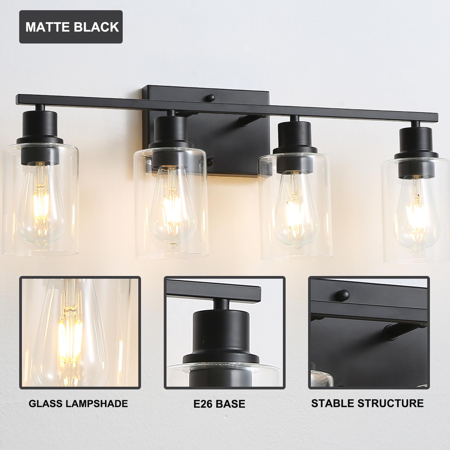 Jodauirt 4-Lights Gold Gallery Wall Sconces,Brushed Gold Bathroom Vanity Light Fixtures With Clear Glass Shades, Farmhouse Modern Wall Lighting ?For Mirror,Living Room,Bedroom,E26 Base