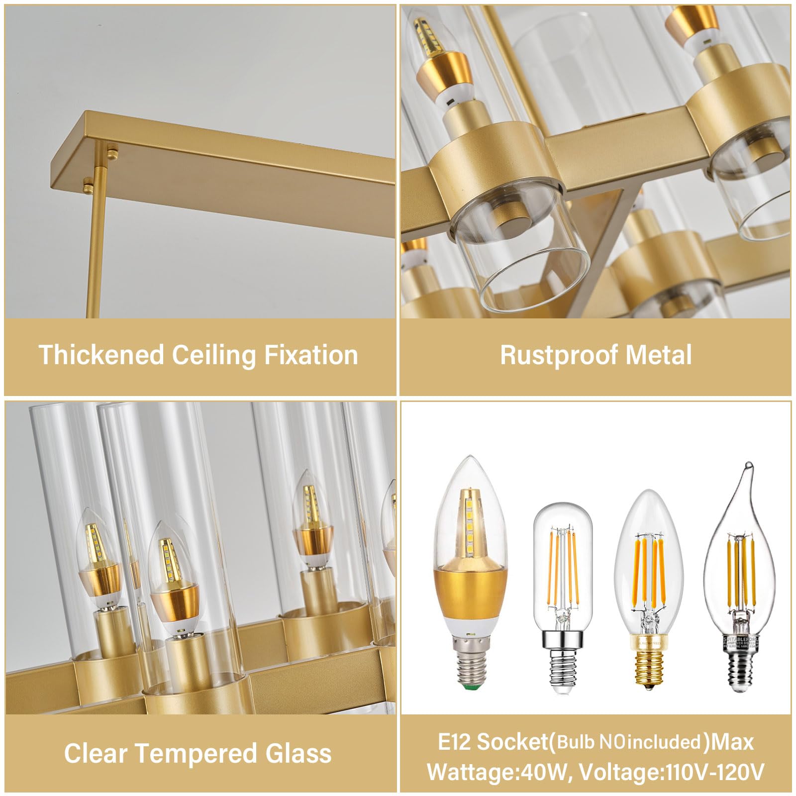 Yiosi Brass Kitchen Island Lighting- 16-Light Linear Chandelier, Adjustable 54'' Modern Farmhouse Rectangle Pendant Light Fixtur