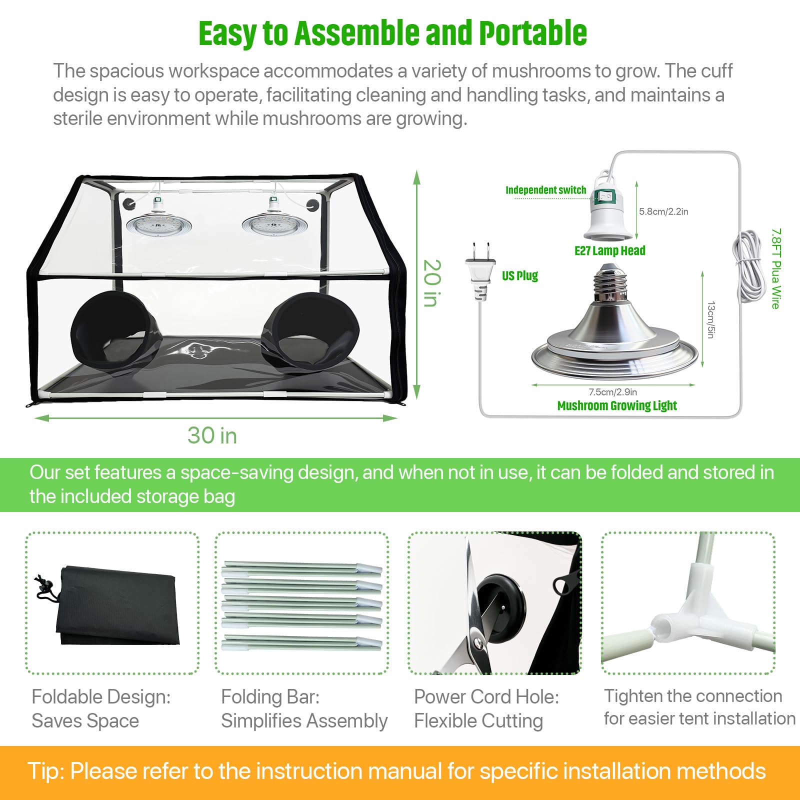 Ehaijia Large Still Air Box Mushroom Grow Set, 30"x20"x20", Aluminum Mycology Fume Hood with 360° Lights, Ideal for Indoor Growers