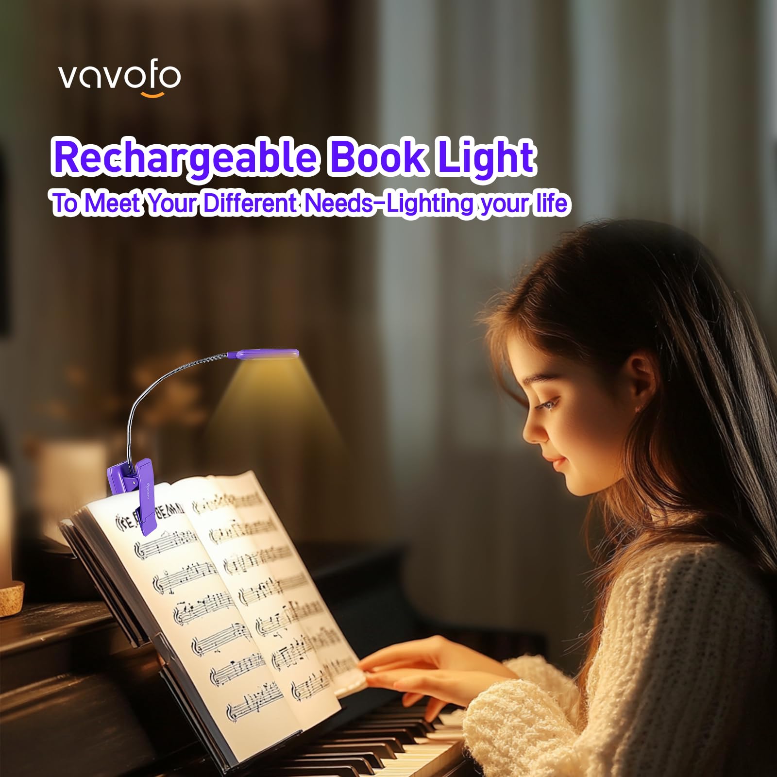 VAVOFO Rechargeable Book Light, 7 LED, 9-Level Warm Cool White, Eye Care Lamp, Dark Purple, Model KM-6720