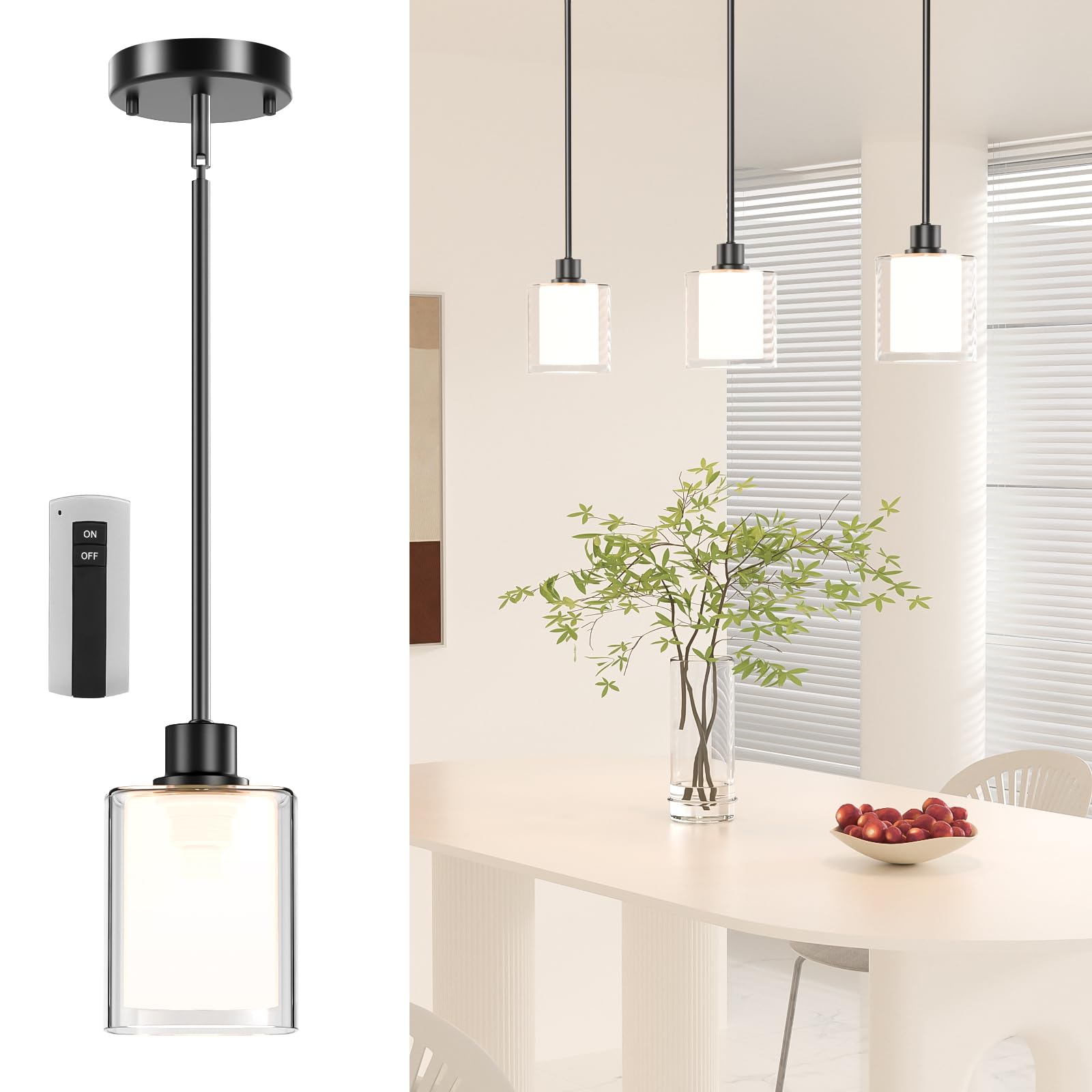 Pendant Light Kitchen Island Lighting, Height Adjuatable Rod Clear Dual Glass - with 3 Color Temperatures Bulb & Remote Control,