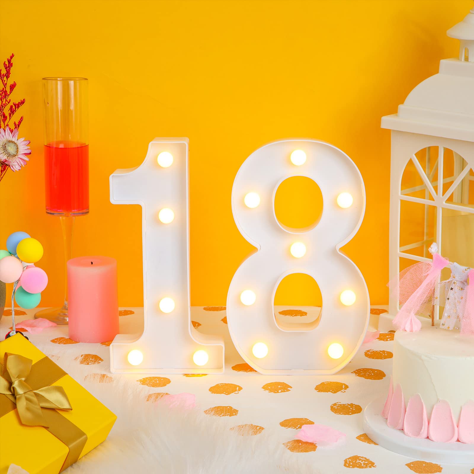 Treela LED Birthday Number Sign, 8.7in  Glitter Marquee, 18th Size, White, Model Treela-Light-01