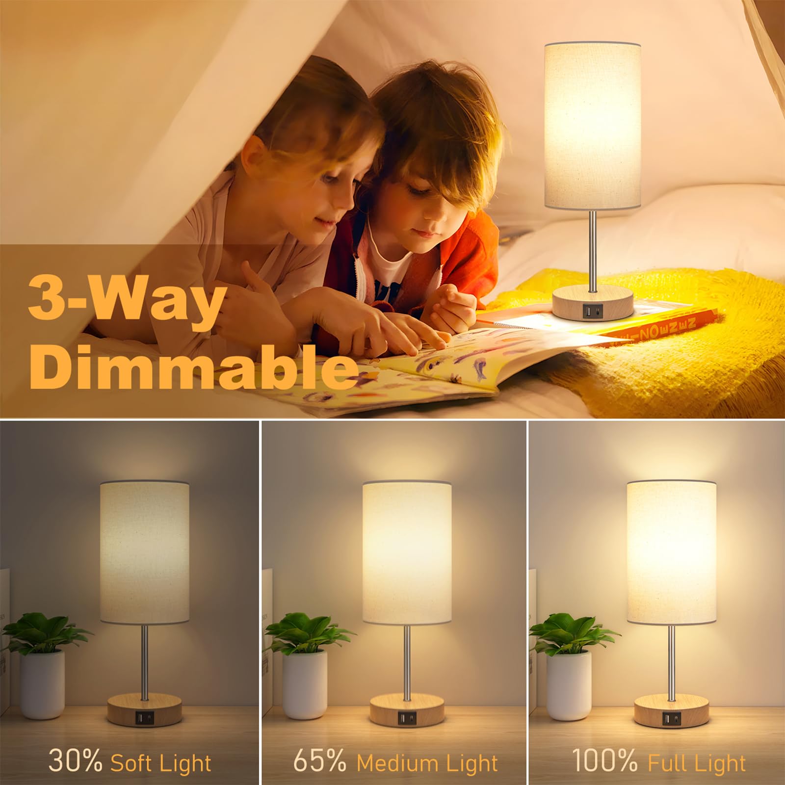 AKASUKI 3-Way Dimmable Touch Table Lamp, 14.25 in, Cream Shade-Wood Base, LED Bulb Included, Model XTD-Y