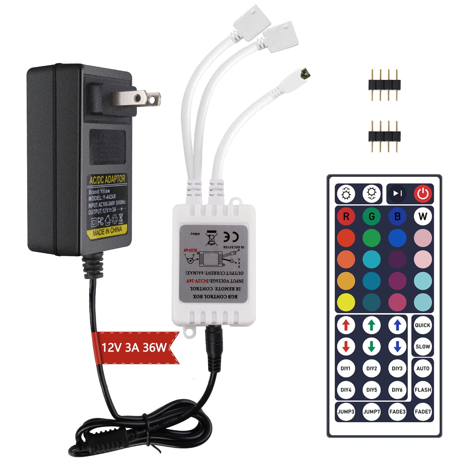 Yiliaw 44 Keys Wireless IR Remote Controller Kit for RGB LED Strip Lights - Includes Control Box & Power Adapter