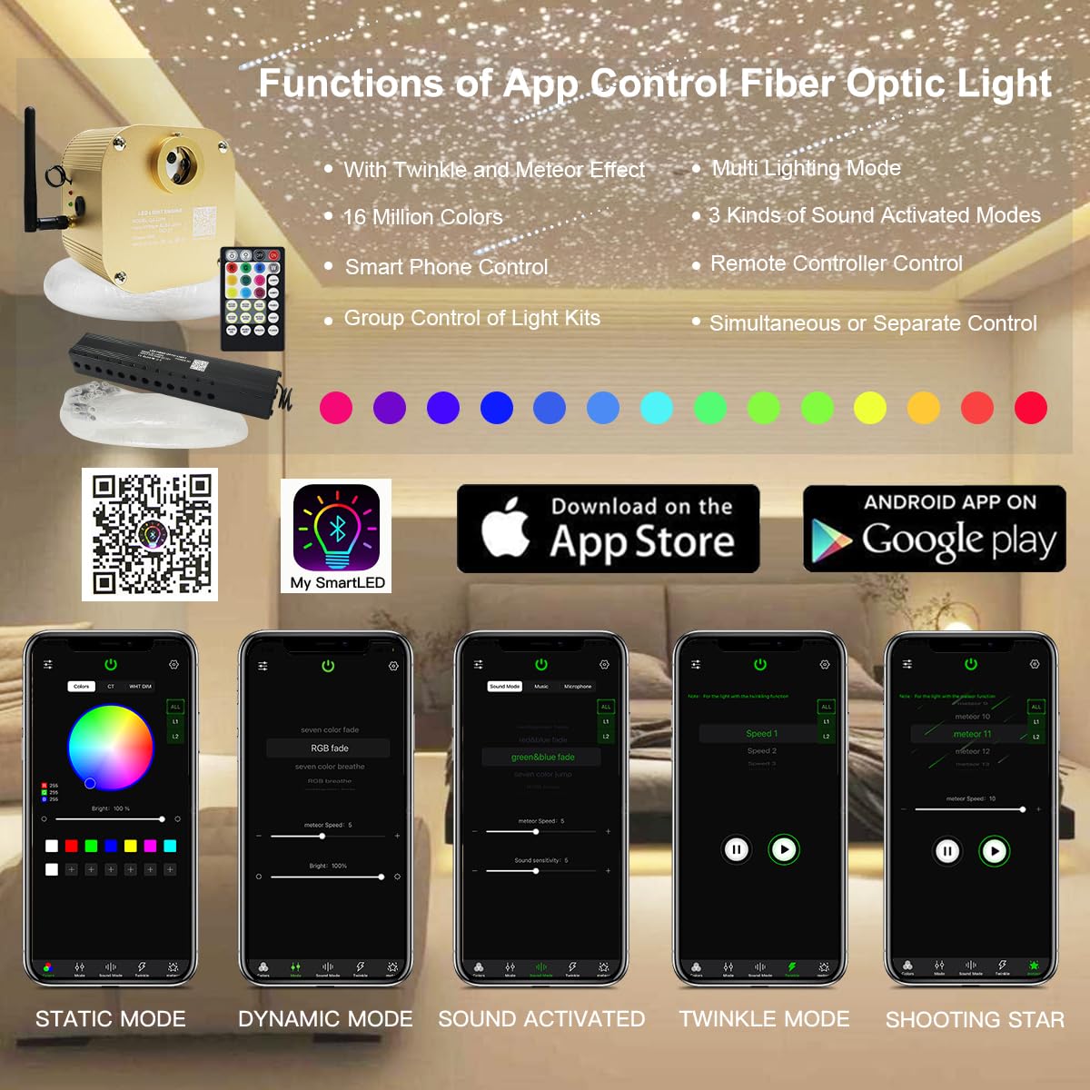 AKEPO 16W Fiber Optic Star Ceiling Light Kit, Multicolor Meteor Effect, 430pcs, 9.8ft Cable, Model 4303M, Remote Control