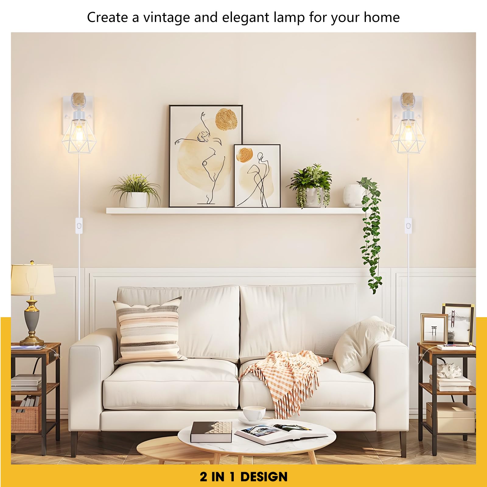 Lomoky Modern White Plug-In Wall Sconces Set of Two, Wooden & Metal, 5.25FT Cord, Industrial Lighting for Living Room & Hallway