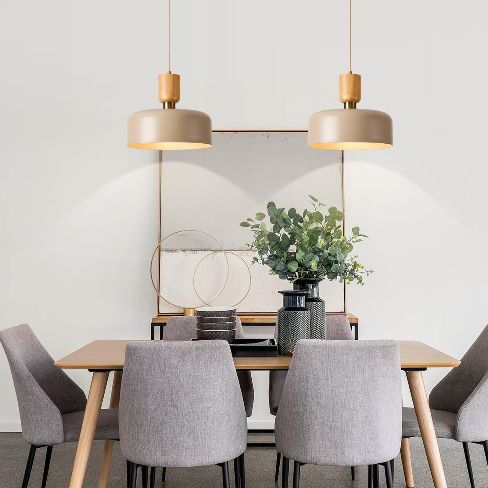 Tehenoo Contemporary Pendant Lights With Wood Cap, Brass Accent, 12 Inch Light Brown Metal Shade,For Kitchen, Dining Room, Cafe