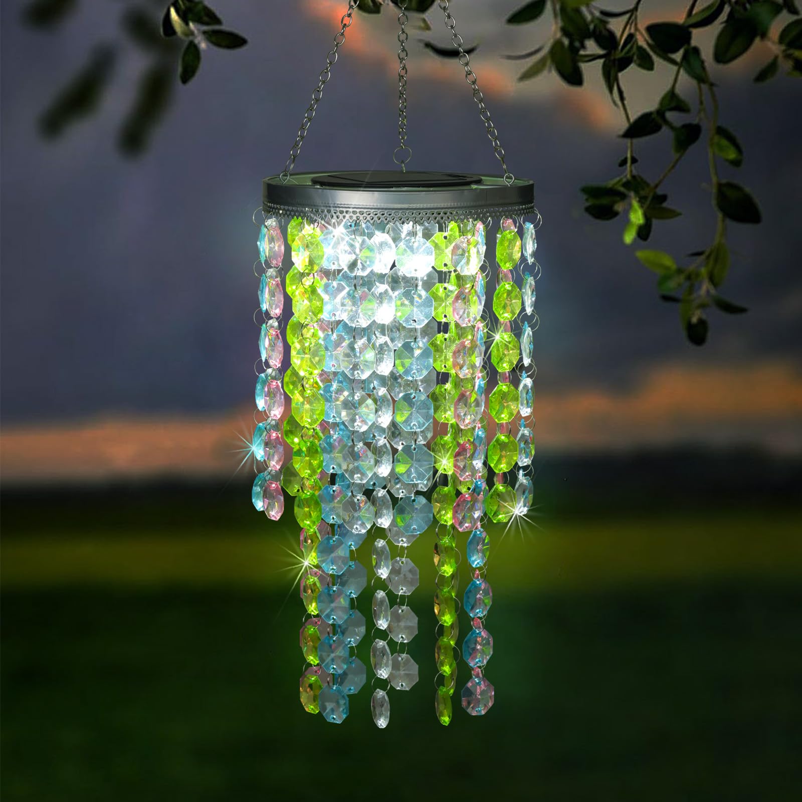 Hanging Solar Lantern Outdoor, 2 Tiers 21    Solar Multicolor Acrylic Beaded Chandelier With Cool White Led S Hooks For Garden Y