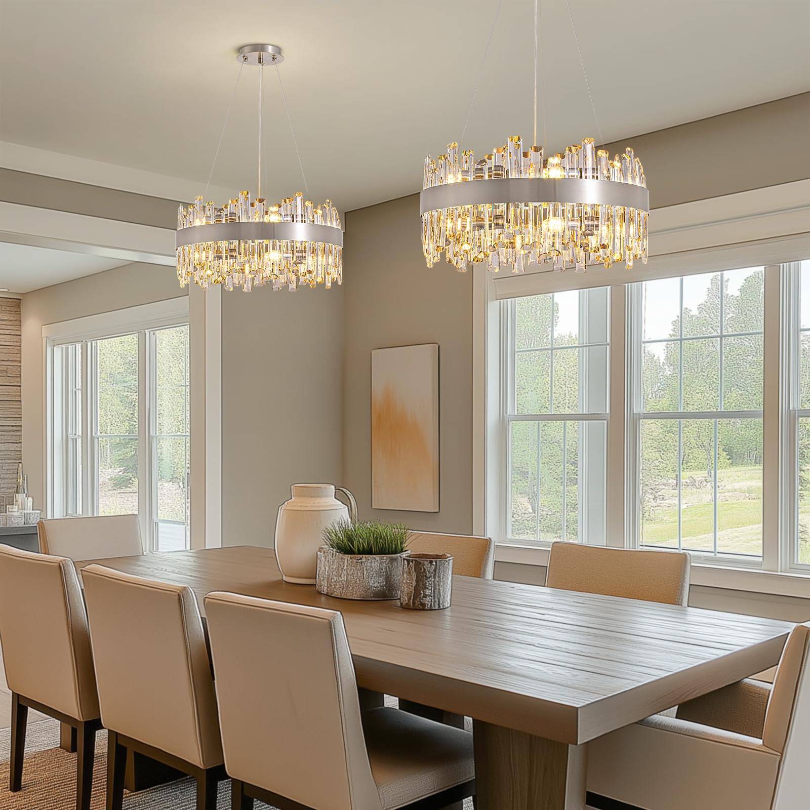 Siljoy Modern Crystal Chandelier, 12 Lights, Brushed Nickel, 2-Tier, Adjustable Height, D19.7'' for Dining, Living Room, Kitchen Island