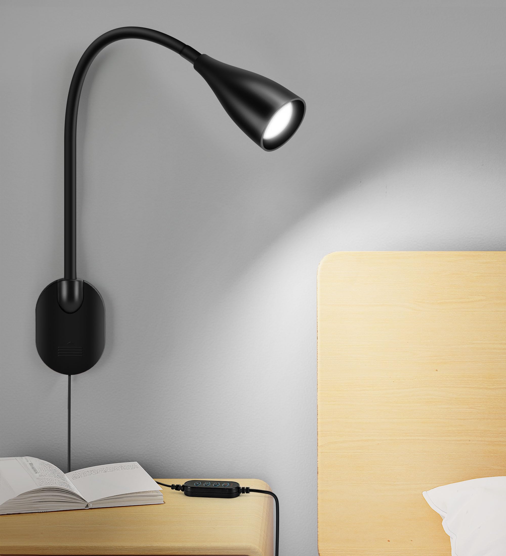 Wall-Mounted LED Bedside Reading Light with USB Charging Port  10-Level Dimmable & Adjustable 5 Color  Plug-in Adhesive Night Lamp for Books in Bed  Eye-Caring Bedroom Lighting (Black)