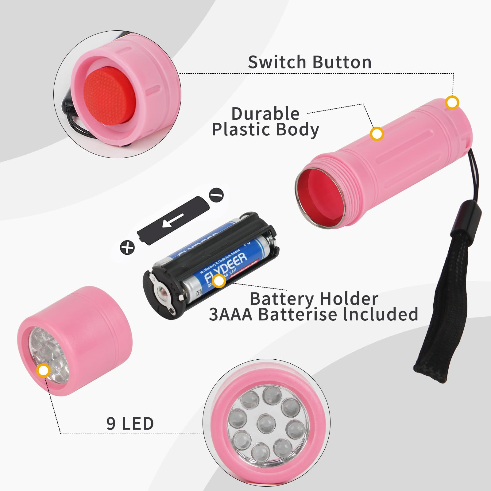 Hilngav 9-LED Mini Flashlight for Kids, Multicolor, ABS, Model S17-DUO1, Includes Lanyard and Batteries, Party Favors, Gift