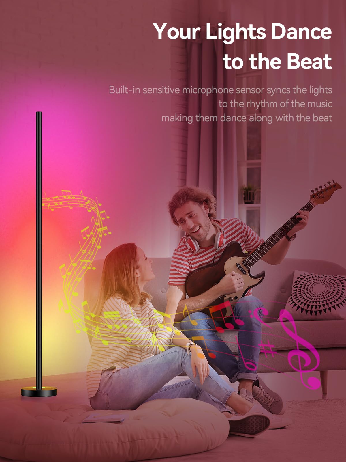 OIYN Smart RGBICW LED Corner Floor Lamp - 16M Colors, Music Sync, App & Remote, Black, 1 Pack, Model LZ-1201000B