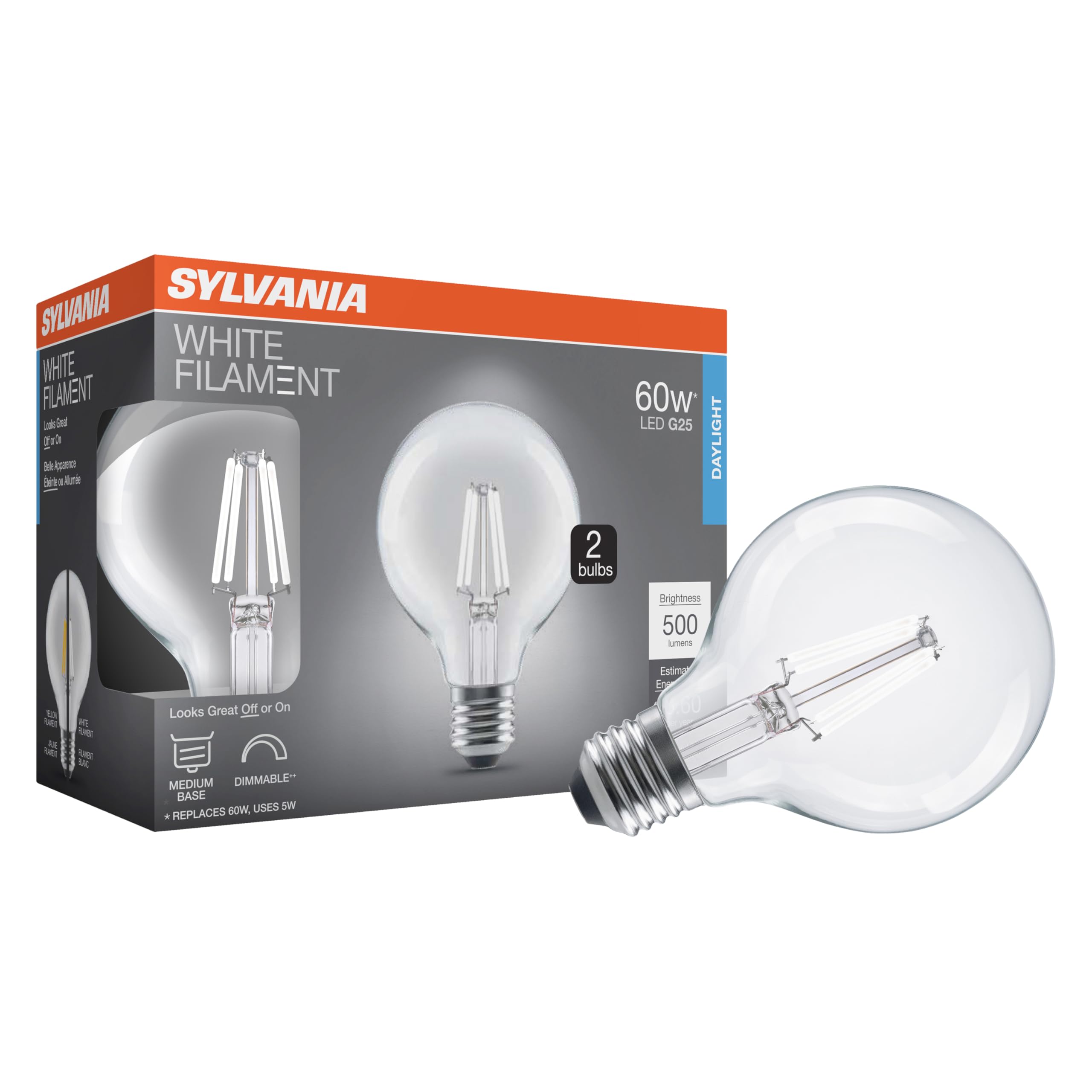 Sylvania G25 Clear Globe Led White Filament Bulb, 5W, Dimmable, 500 Lms, Medium Base, 5000K, Daylight - 2 Pack (42177)