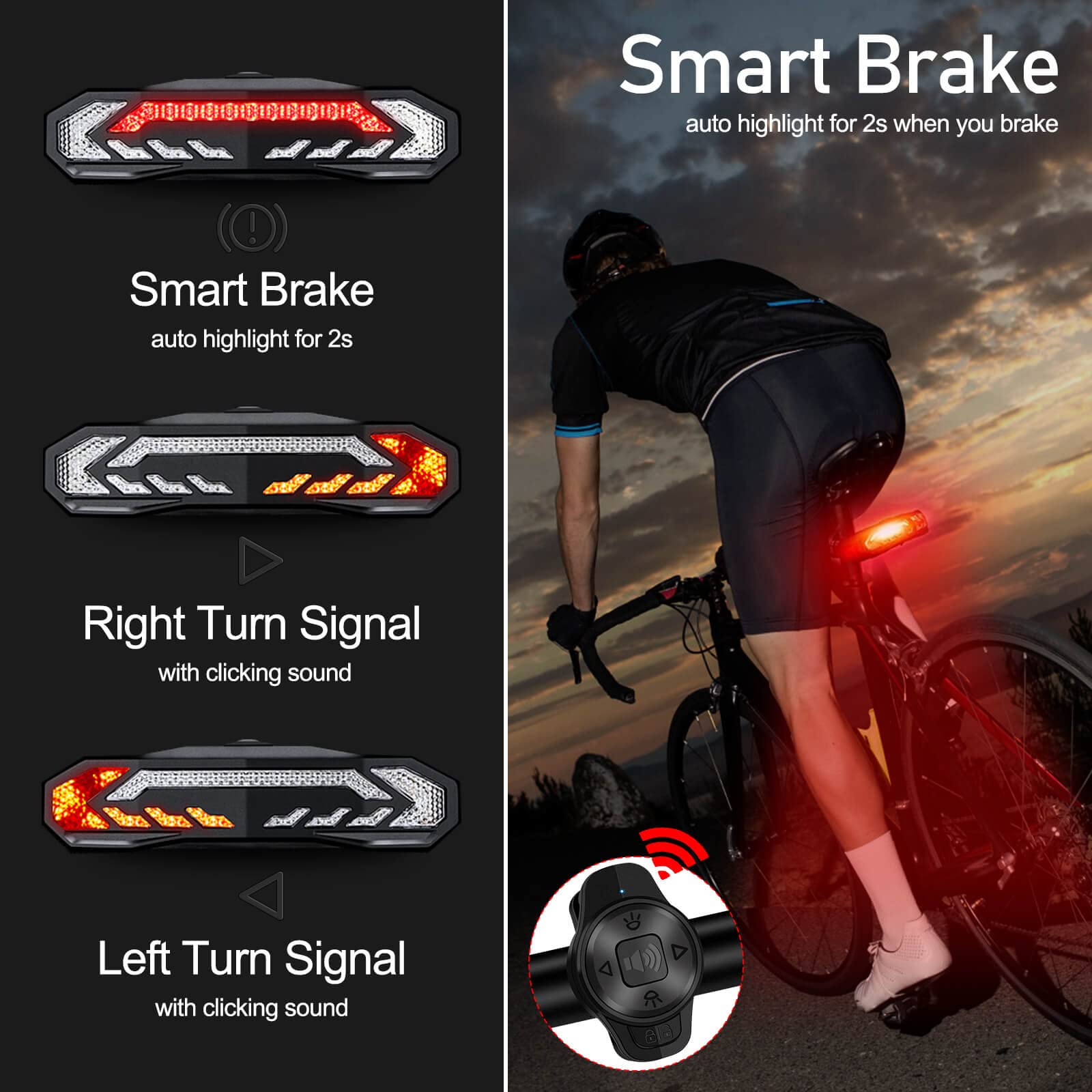 NineLeaf Bike Turn Signals Kit - Auto On/Off, USB Rechargeable, IP65 Waterproof, Taillight Oval Remote, Model KS-SF31-02C