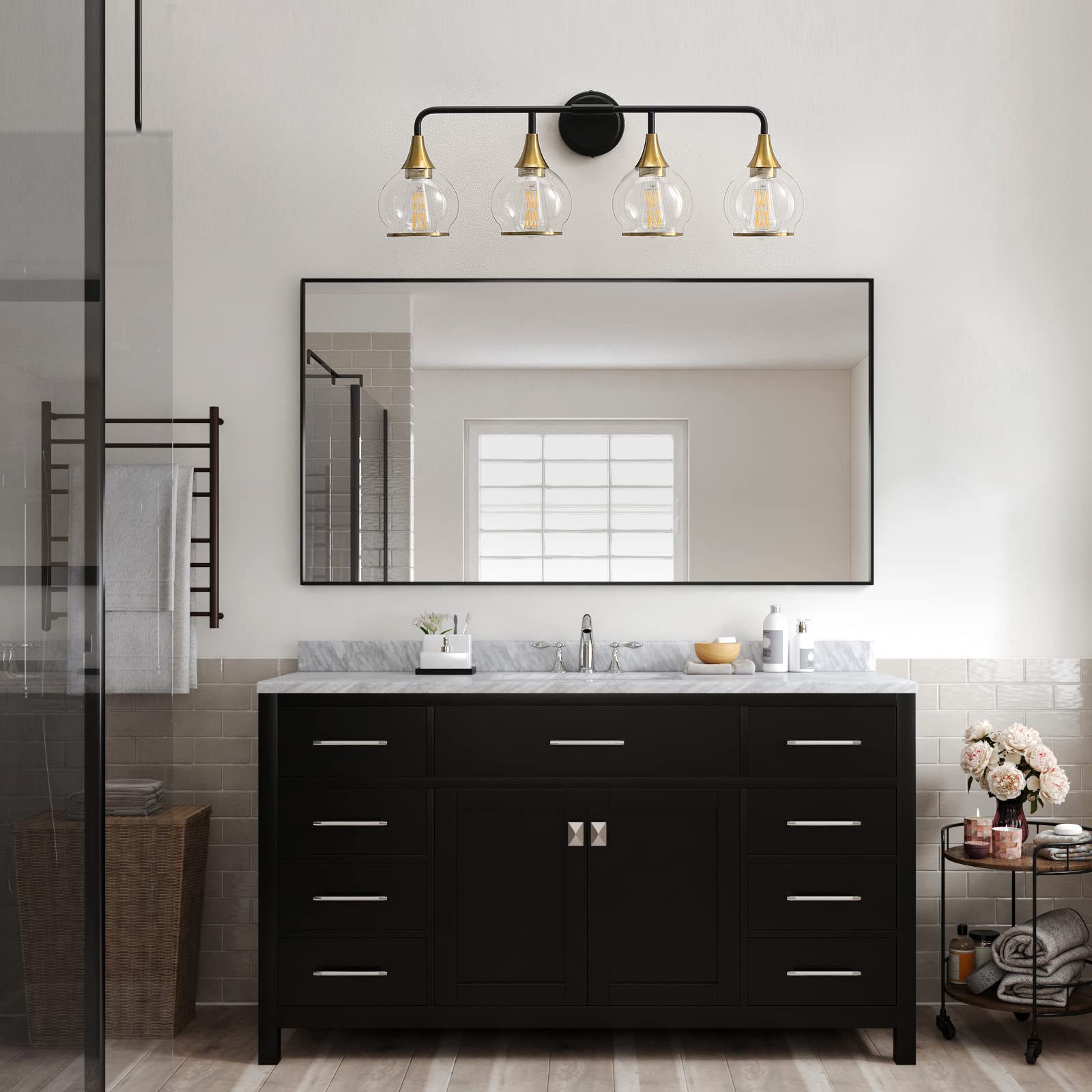 Hahzt Black And Gold Bathroom Vanity Light 4-Light Bathroom Vanity Light Fixtures Over Mirror With Clear Glass Shade 30.7 Inch W