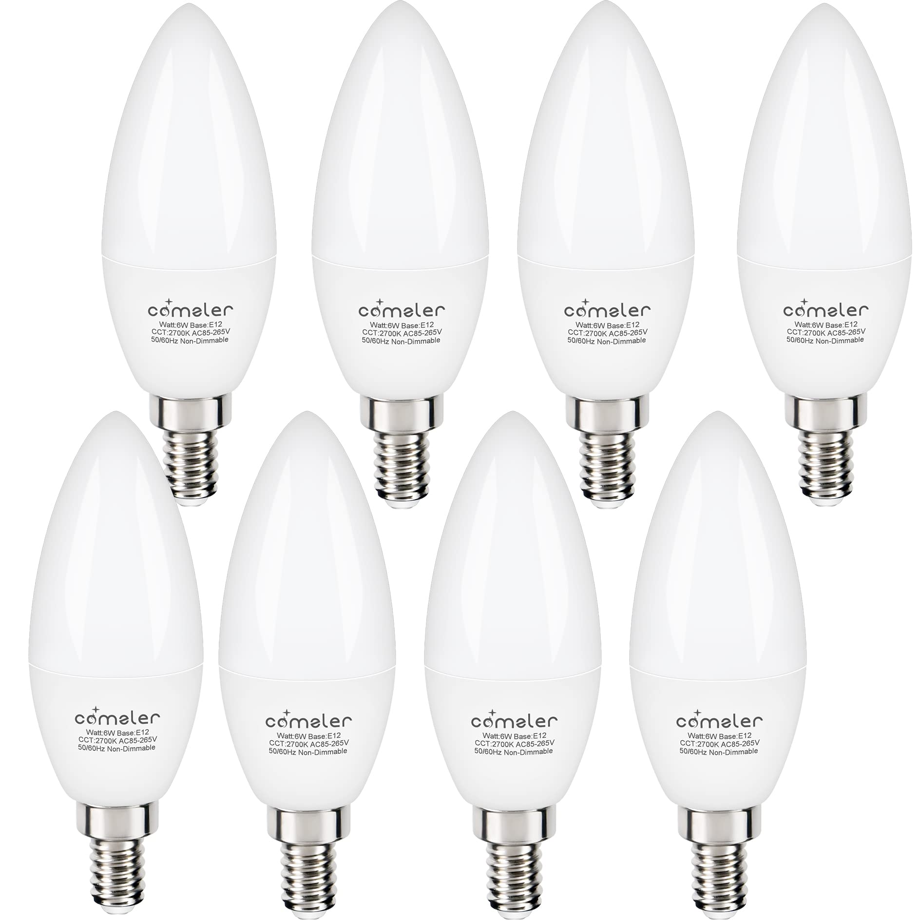 Comzler 8 Pack Candelabra Led Light Bulbs E12 Base 60 Watt Equivalent, 2700K Warm White B11 Chandelier E12 Small Base Type B Lig