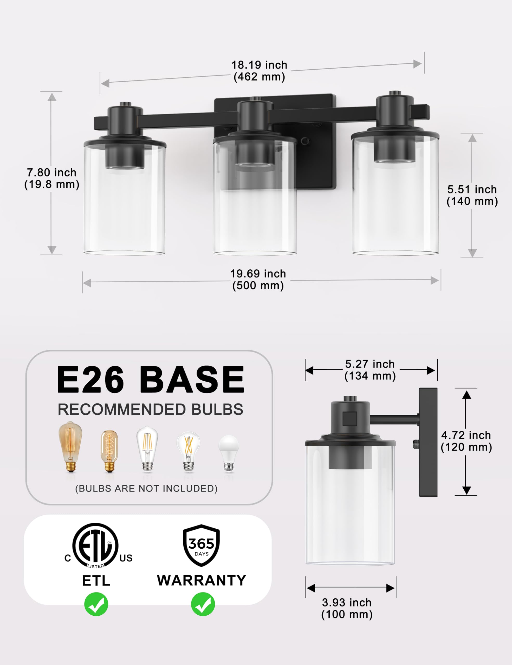 DORESshop 3-Light Bathroom Light Fixtures, Modern Black Vanity Lights with Clear Glass Shade, Model D-JQD07T3BLE26