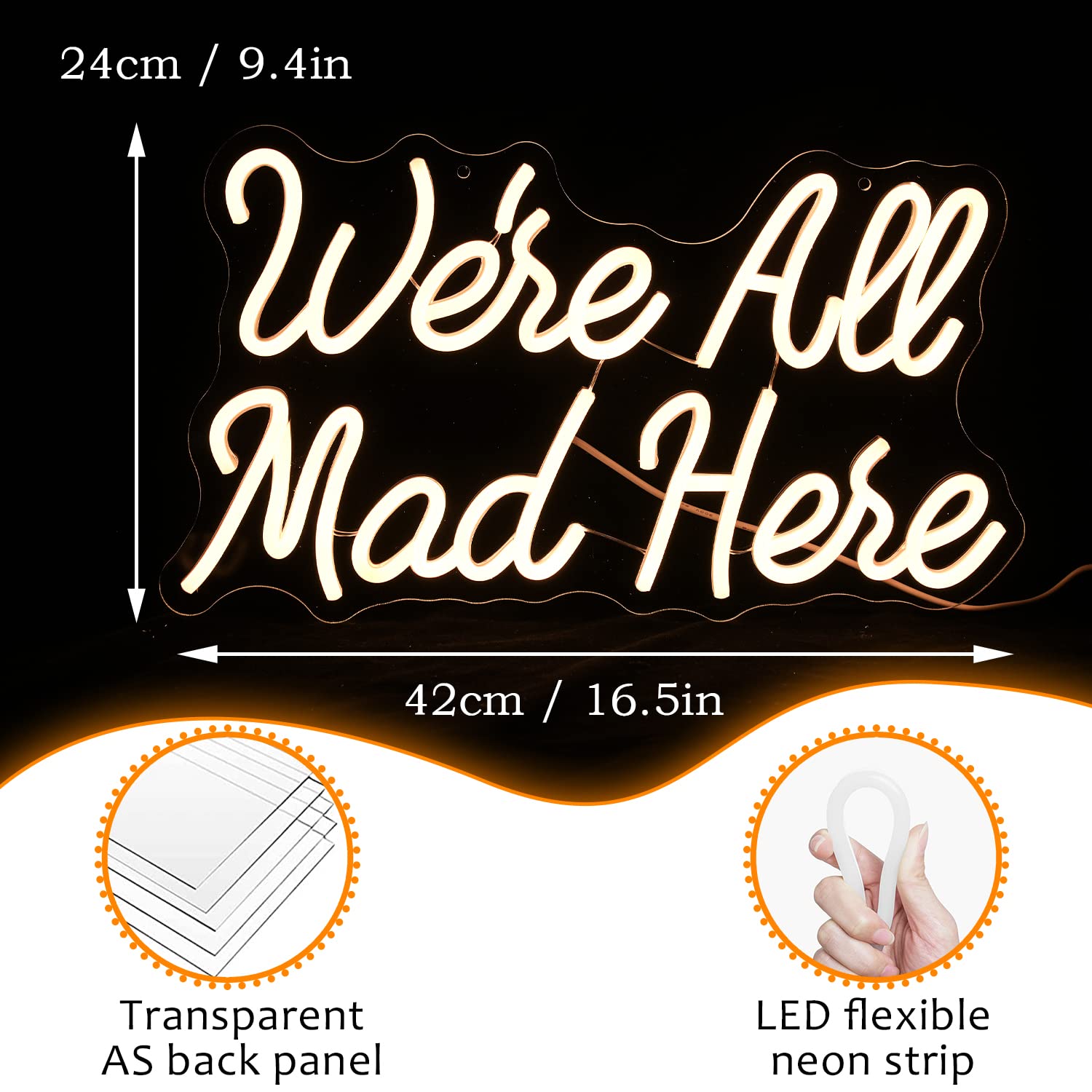 LISIGNVE LED Neon Sign - We Are All Mad Here, Dimmable, USB Powered, 16.5inx9.4in, Warm White, Decorative Light for Home and Parties
