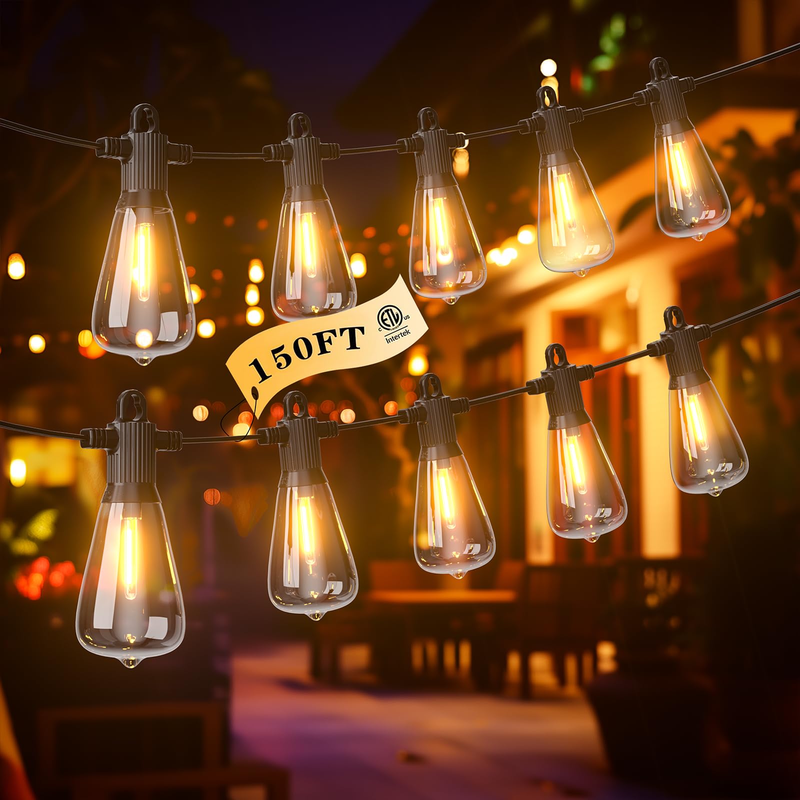 FOOMAN LED Outdoor String Lights, 150FT Outside Waterproof Patio Lights with 72+3 Shatterproof ST38 Edison Bulbs, 2700K Warm Whi