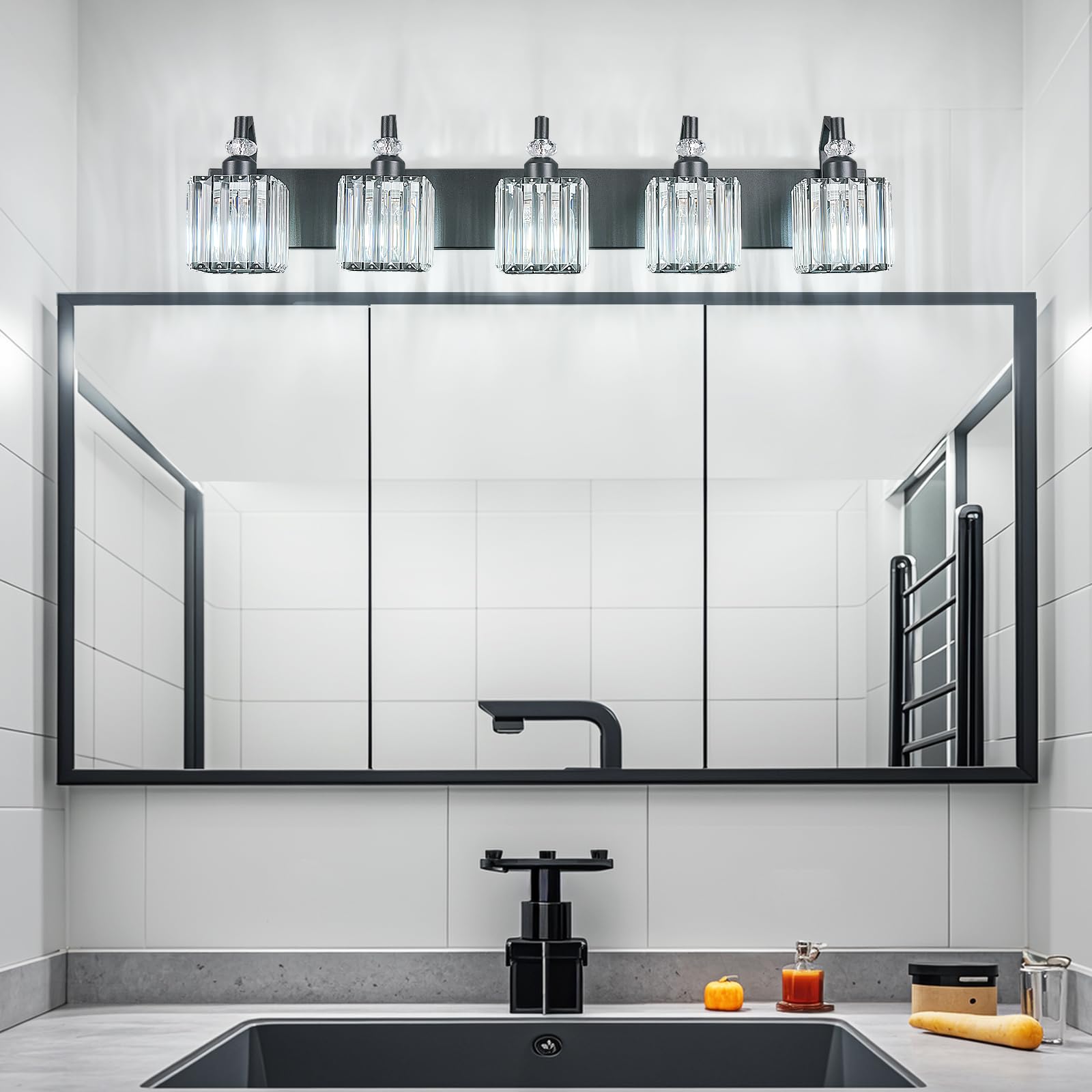 BBLLWJ Crystal Vanity Light Fixture - 5-Light Black Modern Bathroom Lighting, Model 655