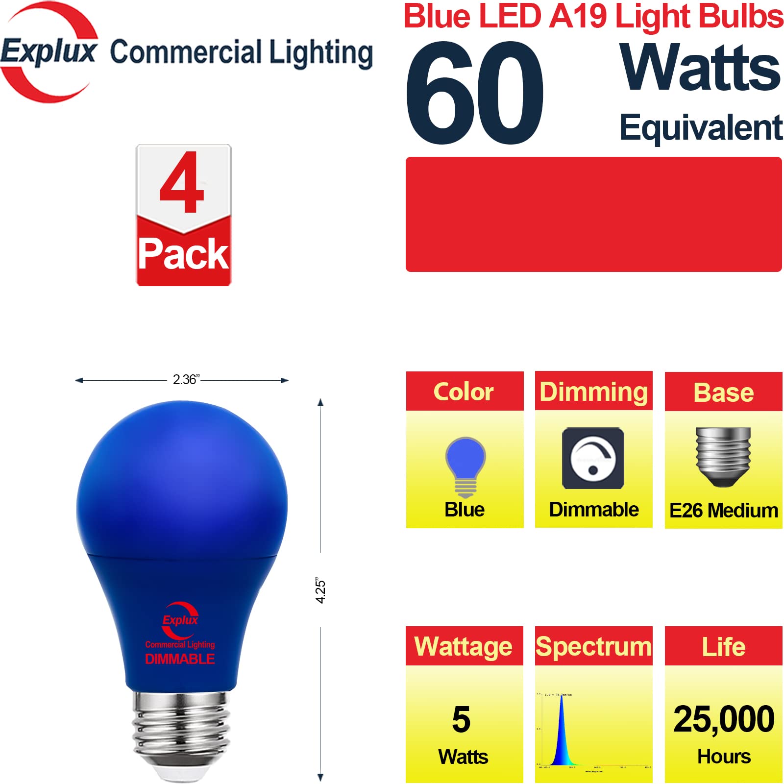 Explux Commercial Lighting Dimmable LED A19 Blue Light Bulbs, 60W Equivalent, 4-Pack, Shatter-resistant Plastic