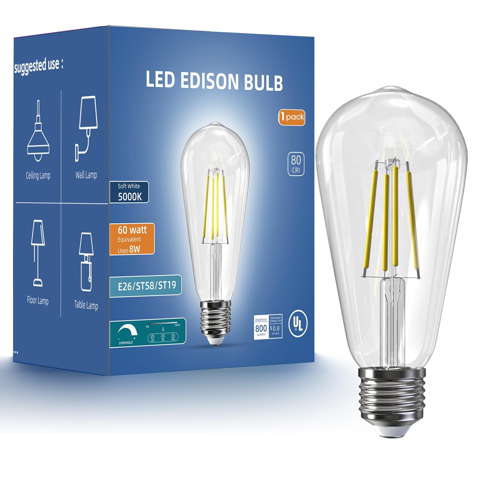 Jensense Edison LED Light Bulbs 8Watt Dimmable Light Bulbs 5000K Daylight White, E26 LED Bulb 60watt Equivalent, Vintage Bulbs 8