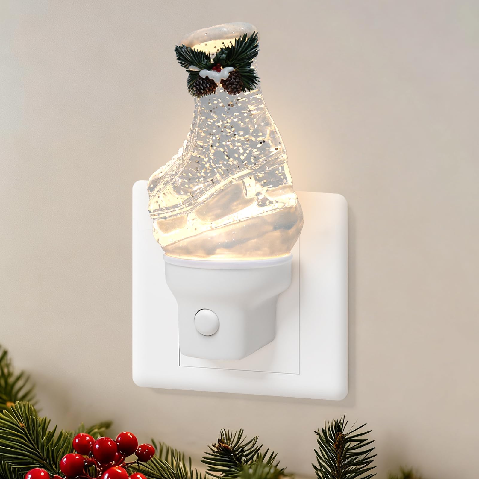 Christmas Night Light Plug into Wall Glitter Water Nightlight with USB/Outlet Options  Christmas Ski Boots Decorative Nightlight for Bedroom Kitchen Nursery Holiday Decorations Gifts (Ski Boots)
