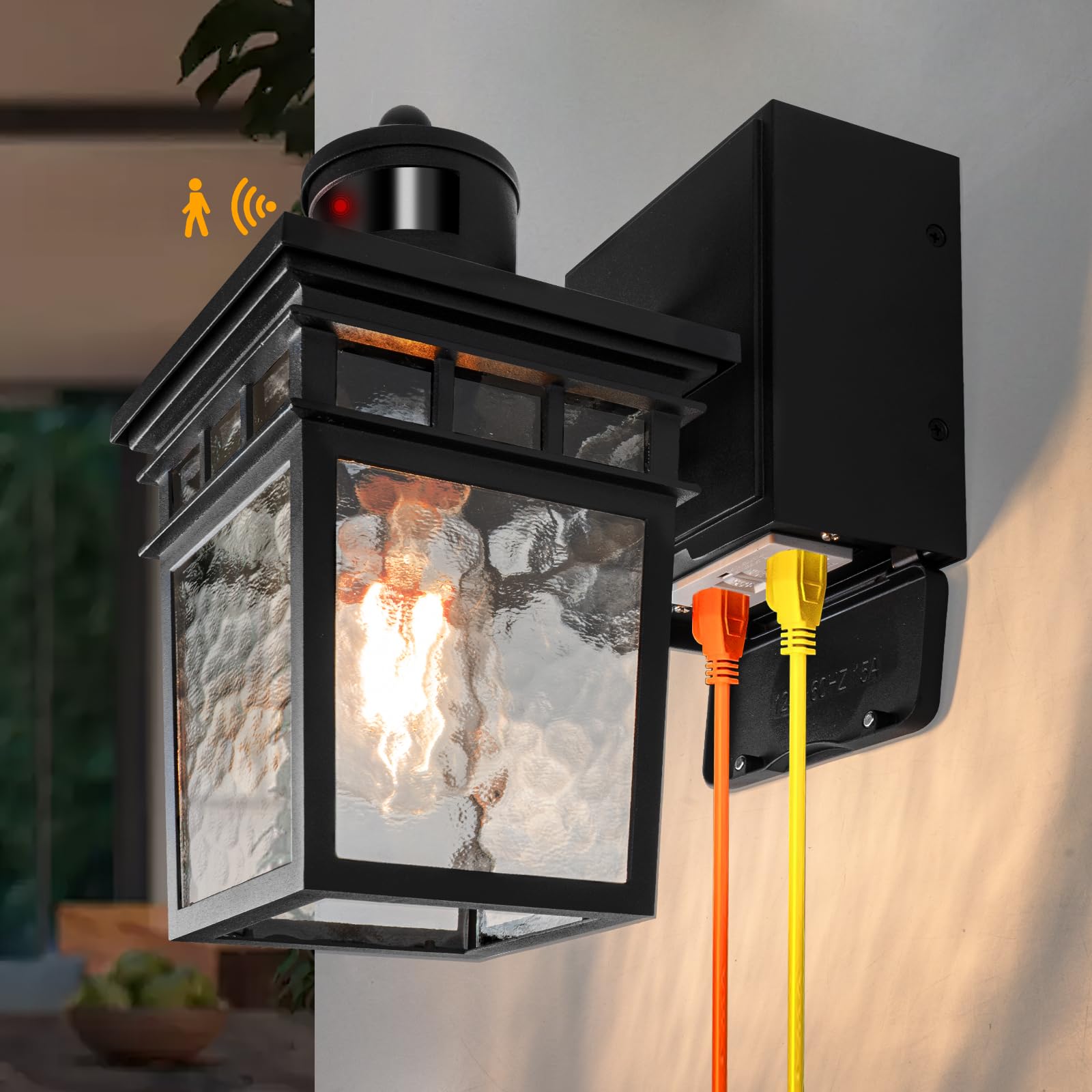 Vioaoeafa Porch Light Outdoor With Gfci Outlet - 3 Lighting Modes Exterior Light Fixture, Dusk To Dawn Motion Sensor Wall Mount Outside Lights For House,Garage,Front Door, Patio
