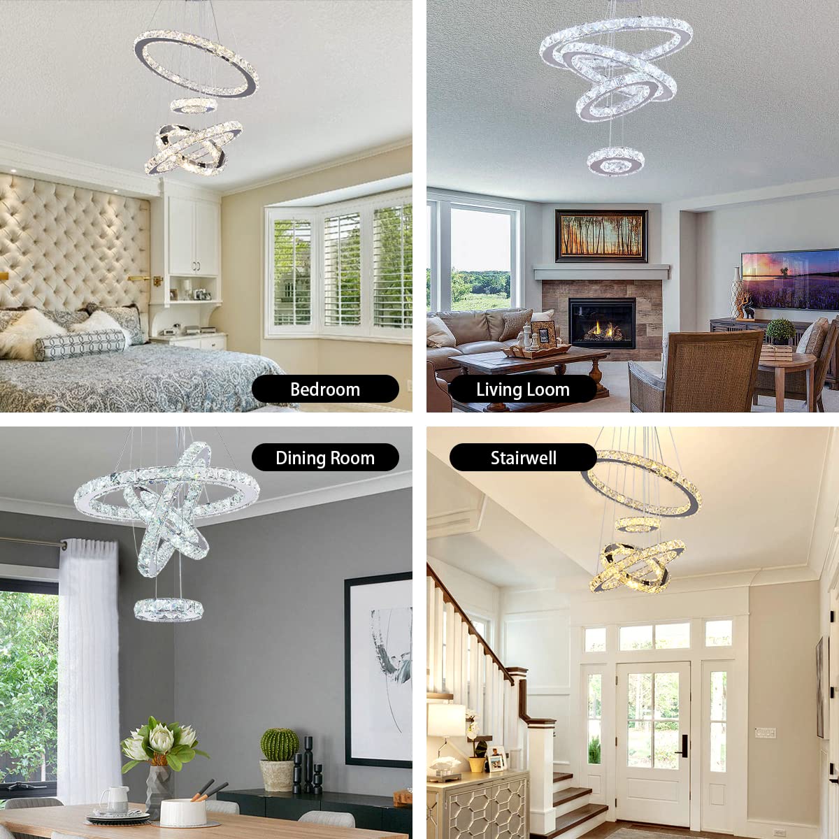 Led Chandeliers, Modern Crystal Chandelier Dining Room Living Room Led Ceiling Pendant Light 4 Rings Adjustable Stainless Steel